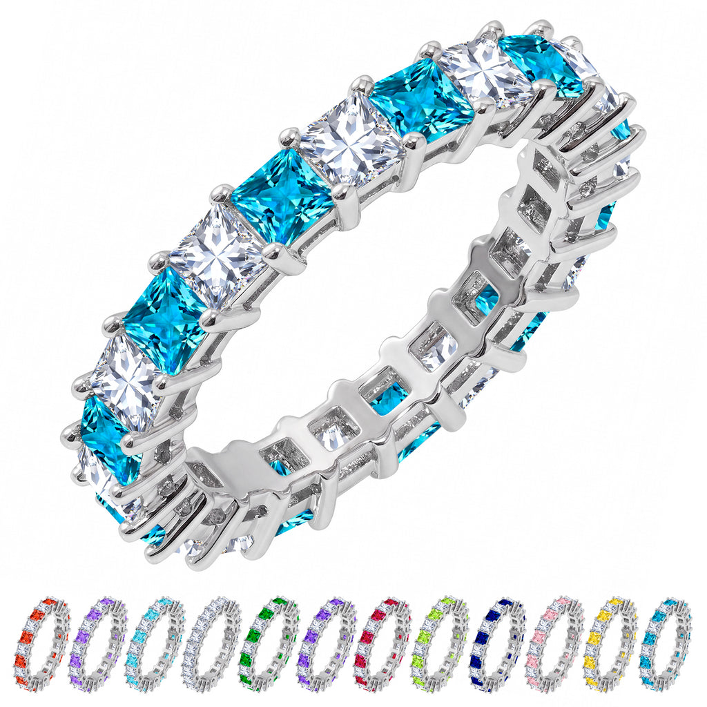 JeenMata 12 Carat Princess Cut December Birthstone - Multicolor Eternity Wedding Band - Blue Topaz & Cubic Zirconia Rings in 18K White Gold Plating for Women