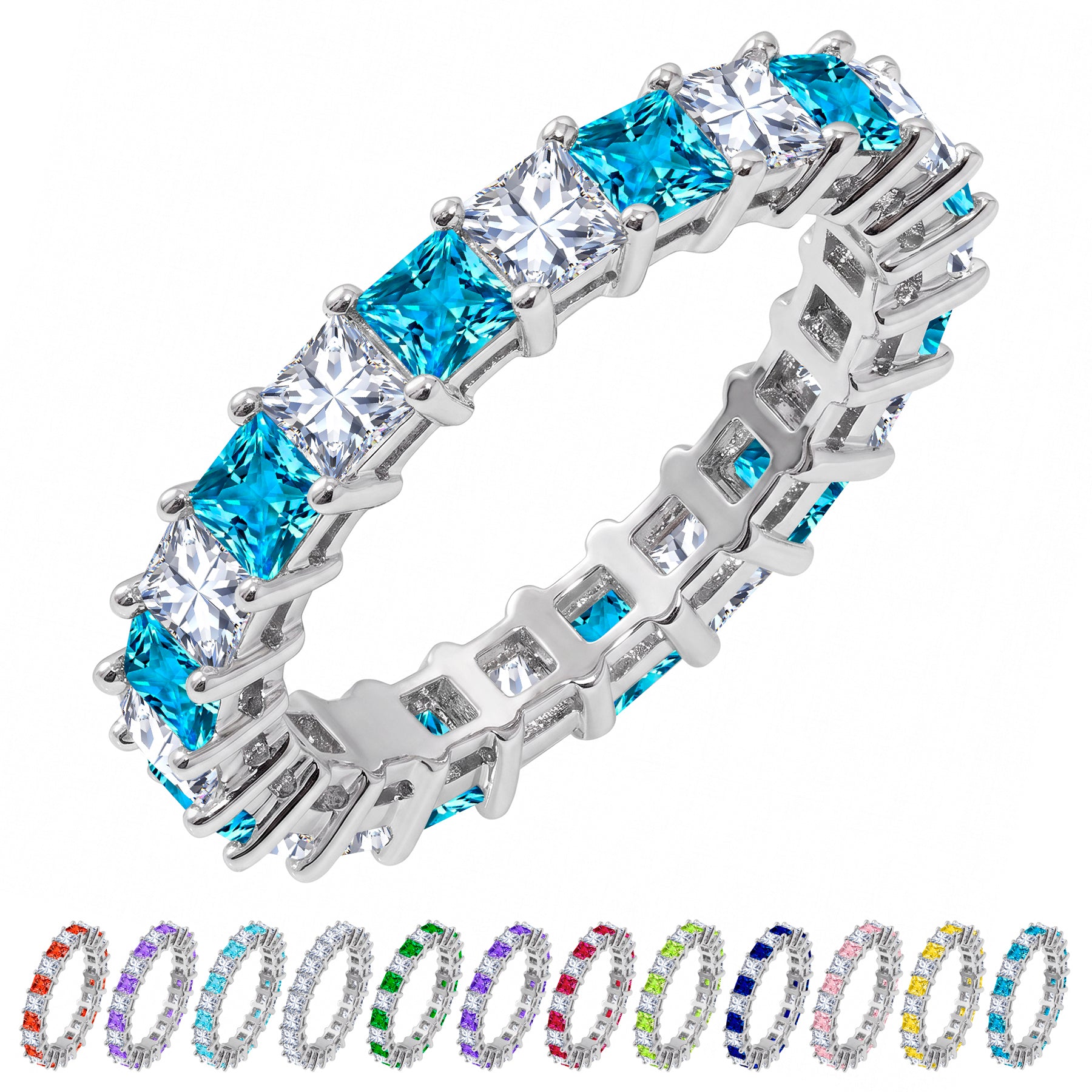 JeenMata 12 Carat Princess Cut December Birthstone - Multicolor Eternity Wedding Band - Blue Topaz & Cubic Zirconia Rings in 18K White Gold Plating for Women
