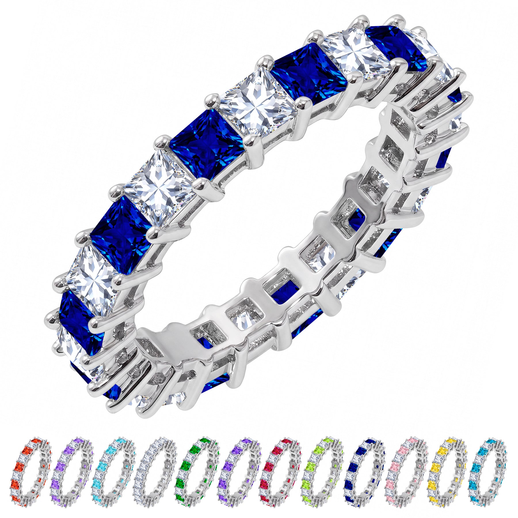 JeenMata 12 Carat Princess Cut September Birthstone - Multicolor Eternity Wedding Band - Royal Blue Sapphire & Cubic Zirconia Rings in 18K White Gold Plating for Women
