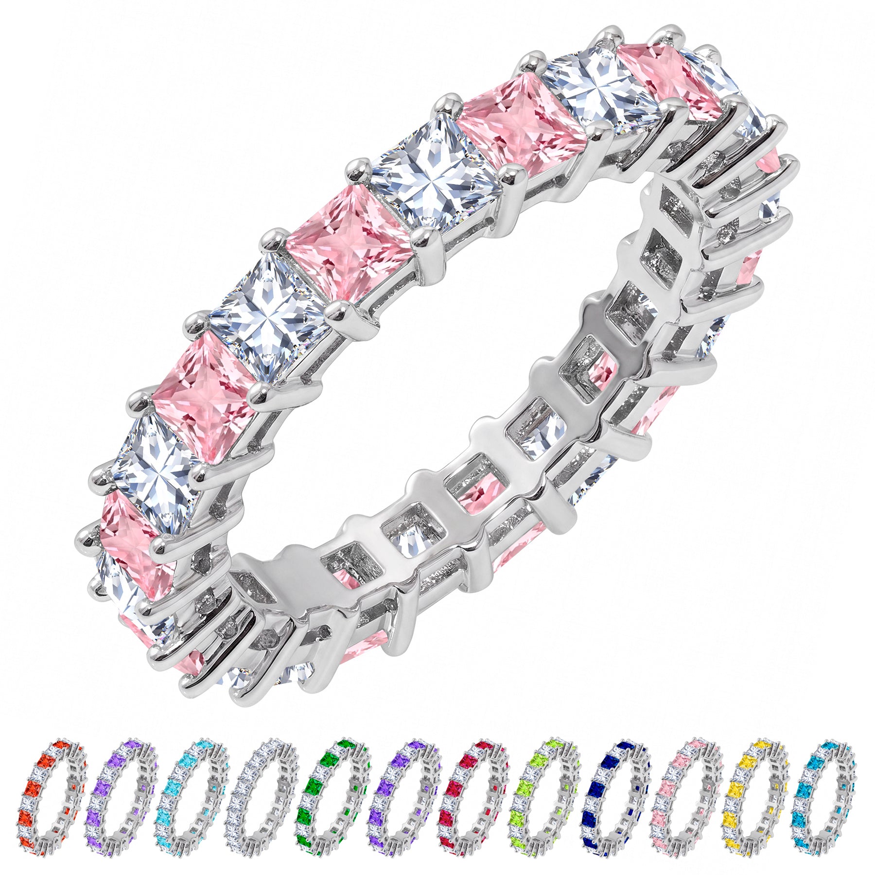 JeenMata 12 Carat Princess Cut October Birthstone - Multicolor Eternity Wedding Band - Pink Tourmaline & Cubic Zirconia Rings in 18K White Gold Plating for Women