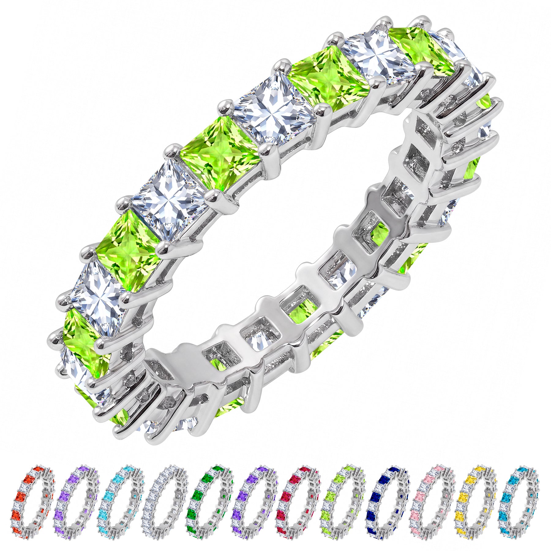 JeenMata 12 Carat Princess Cut August Birthstone - Multicolor Eternity Wedding Band - Peridot & Cubic Zirconia Rings in 18K White Gold Plating for Women