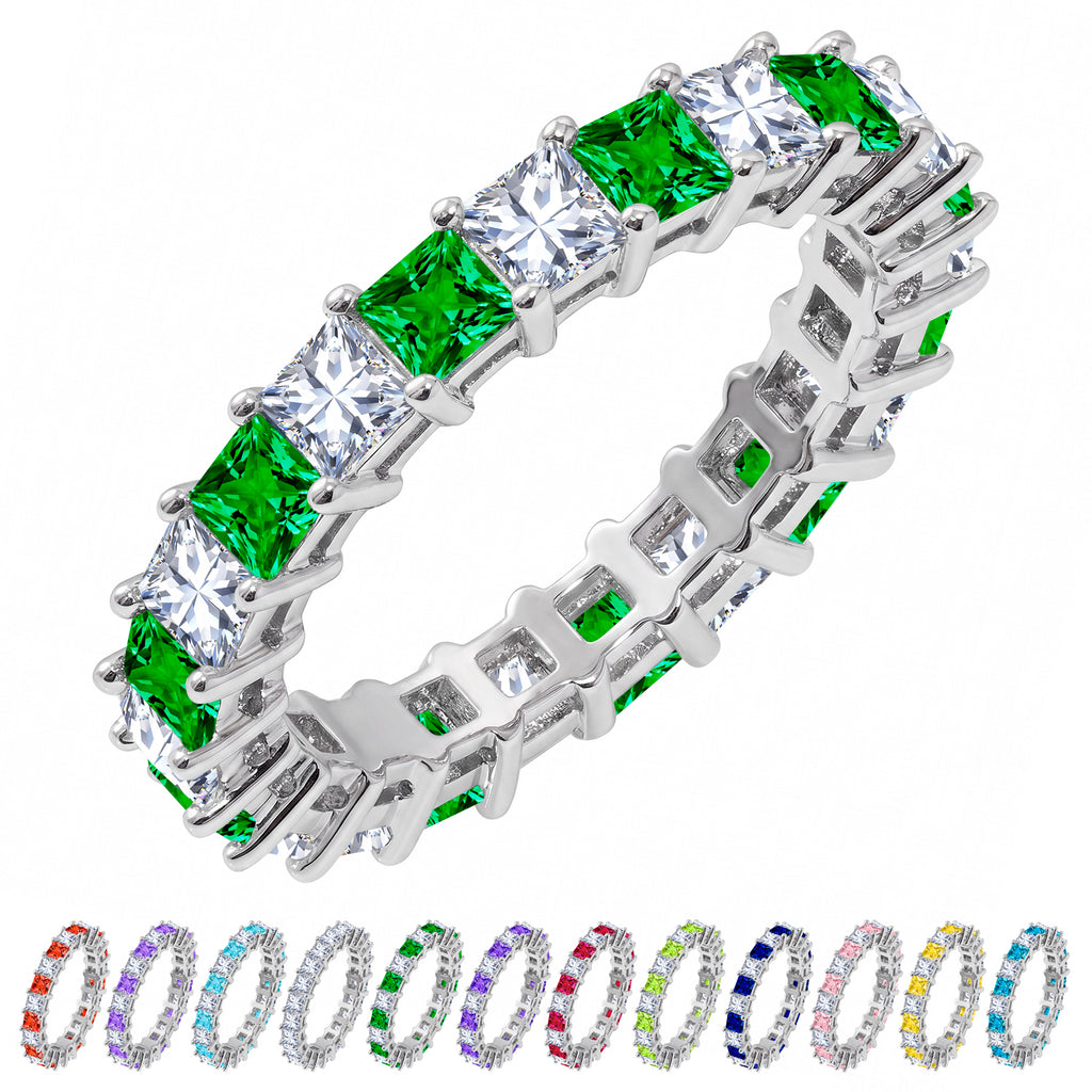 JeenMata 12 Carat Princess Cut May Birthstone - Multicolor Eternity Wedding Band - Emerald & Cubic Zirconia Rings in 18K White Gold Plating for Women
