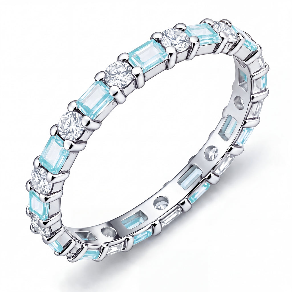 JeenMata Eternity Wedding Band Rings for Women, 5.5 Carat Alternating Baguette & Round Cut CZ, March Birthstone Birth Month Anniversary Ring for Woman, Christmas Gifts for Her