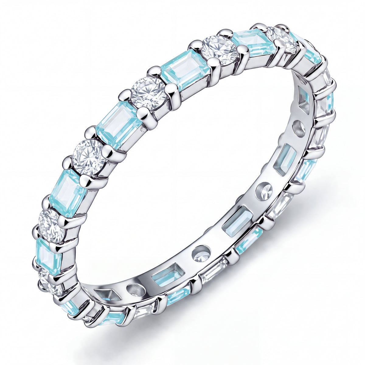 JeenMata Eternity Wedding Band Rings for Women, 5.5 Carat Alternating Baguette & Round Cut CZ, March Birthstone Birth Month Anniversary Ring for Woman, Christmas Gifts for Her