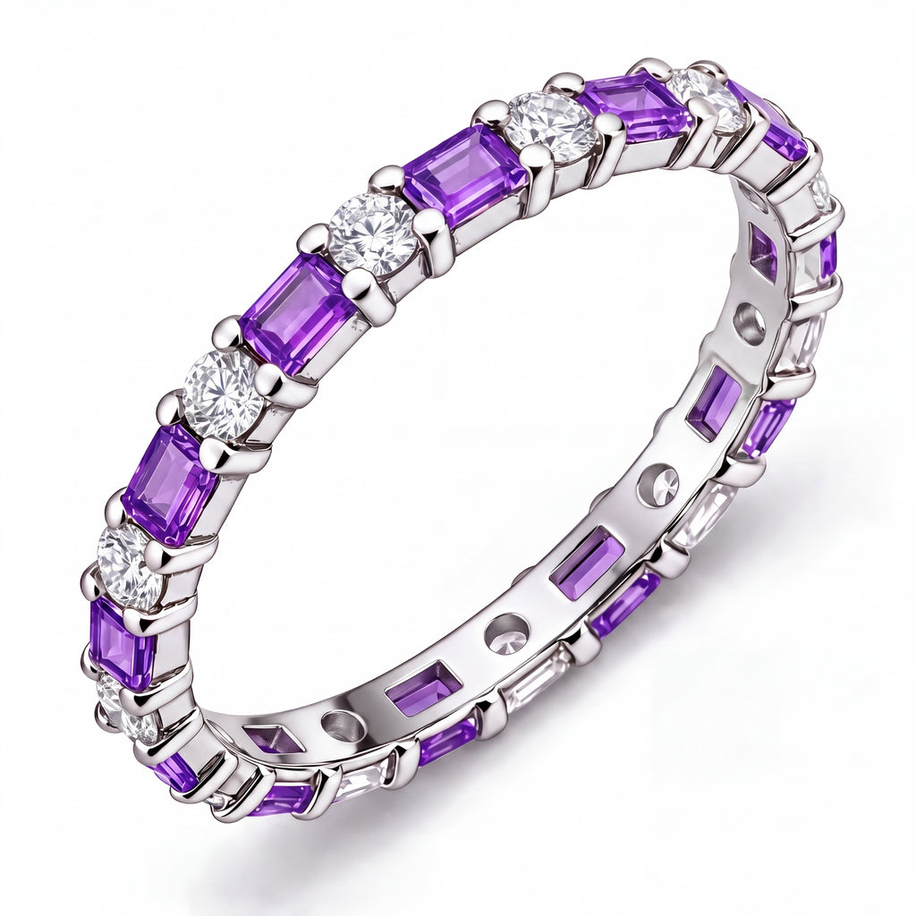 JeenMata Eternity Wedding Band Rings for Women, 5.5 Carat Alternating Baguette & Round Cut CZ, February Birthstone Birth Month Anniversary Ring for Woman, Christmas Gifts for Her