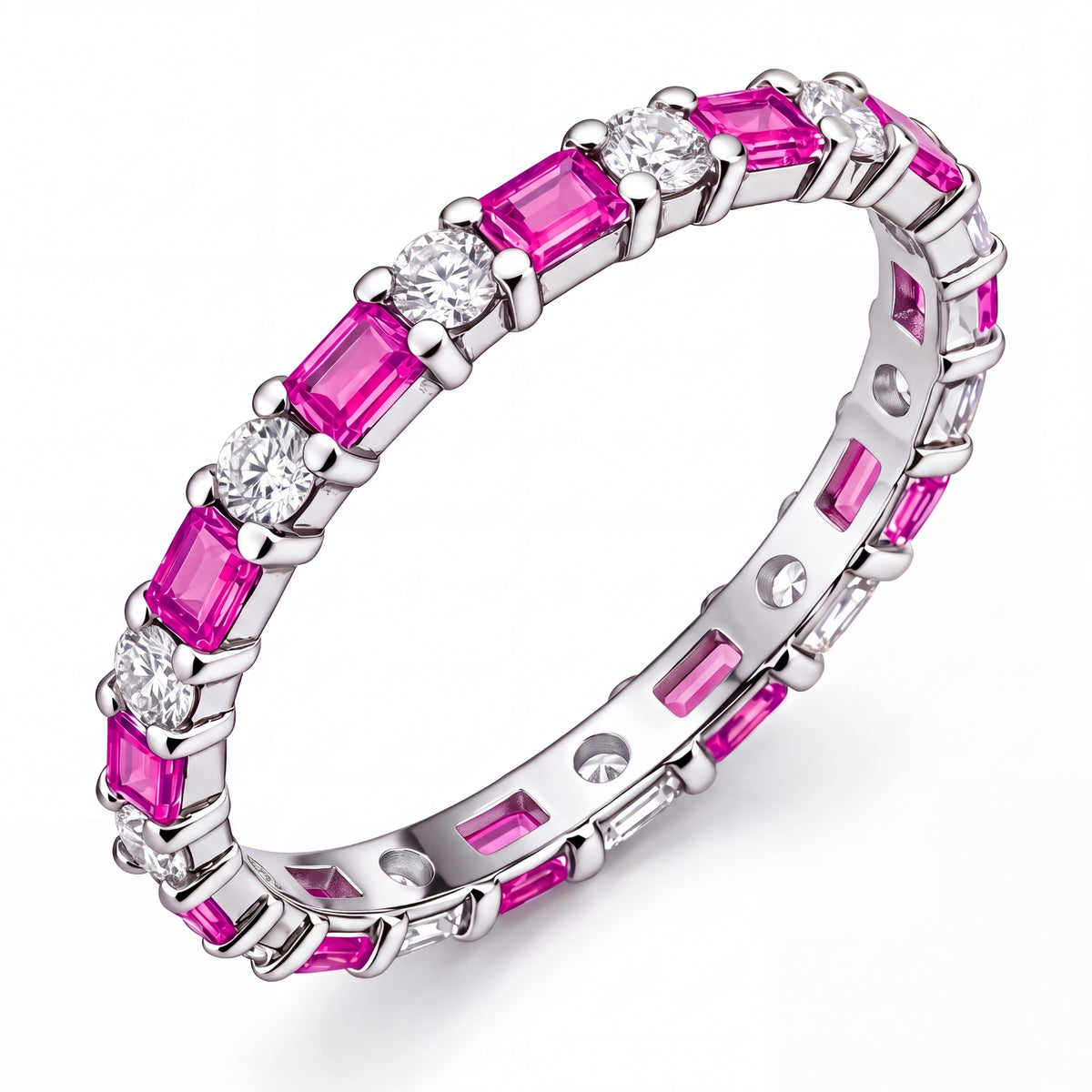 JeenMata Eternity Wedding Band Rings for Women, 5.5 Carat Alternating Baguette & Round Cut CZ, July Birthstone Birth Month Anniversary Ring for Woman, Christmas Gifts for Her