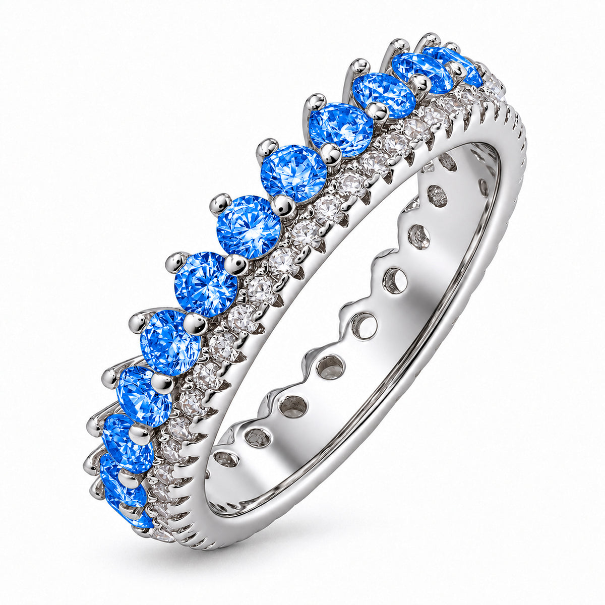 JeenMata 3.75 Carat Round Cut Dowble Row September Birthstone Ring for Her, Blue Sapphire Cubic Zirconia Eternity Wedding Band Ring, Anniversary Ring in 18K White Gold Plating for Women