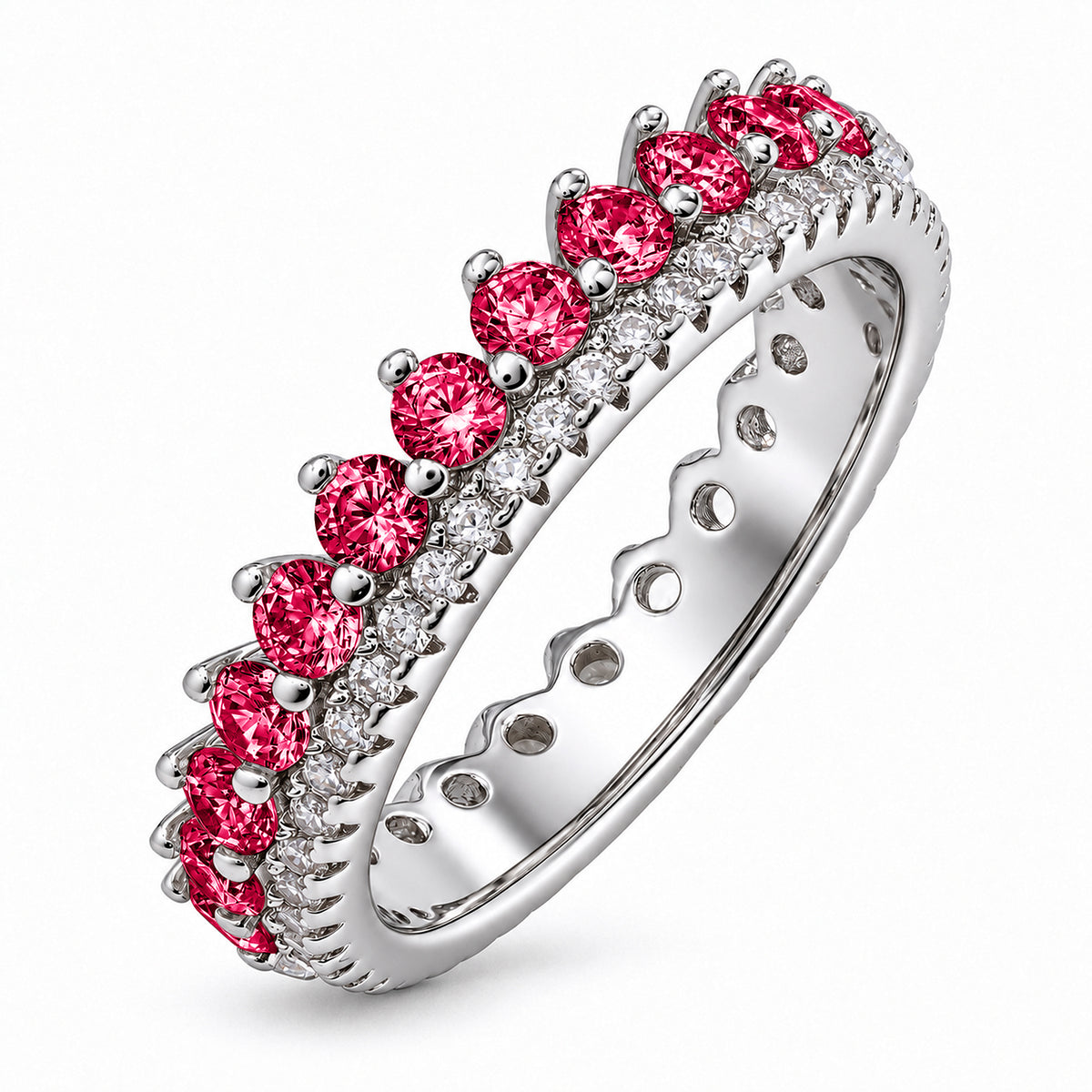 JeenMata 3.75 Carat Round Cut Dowble Row July Birthstone Ring for Her, Ruby Cubic Zirconia Eternity Wedding Band Ring, Anniversary Ring in 18K White Gold Plating for Women