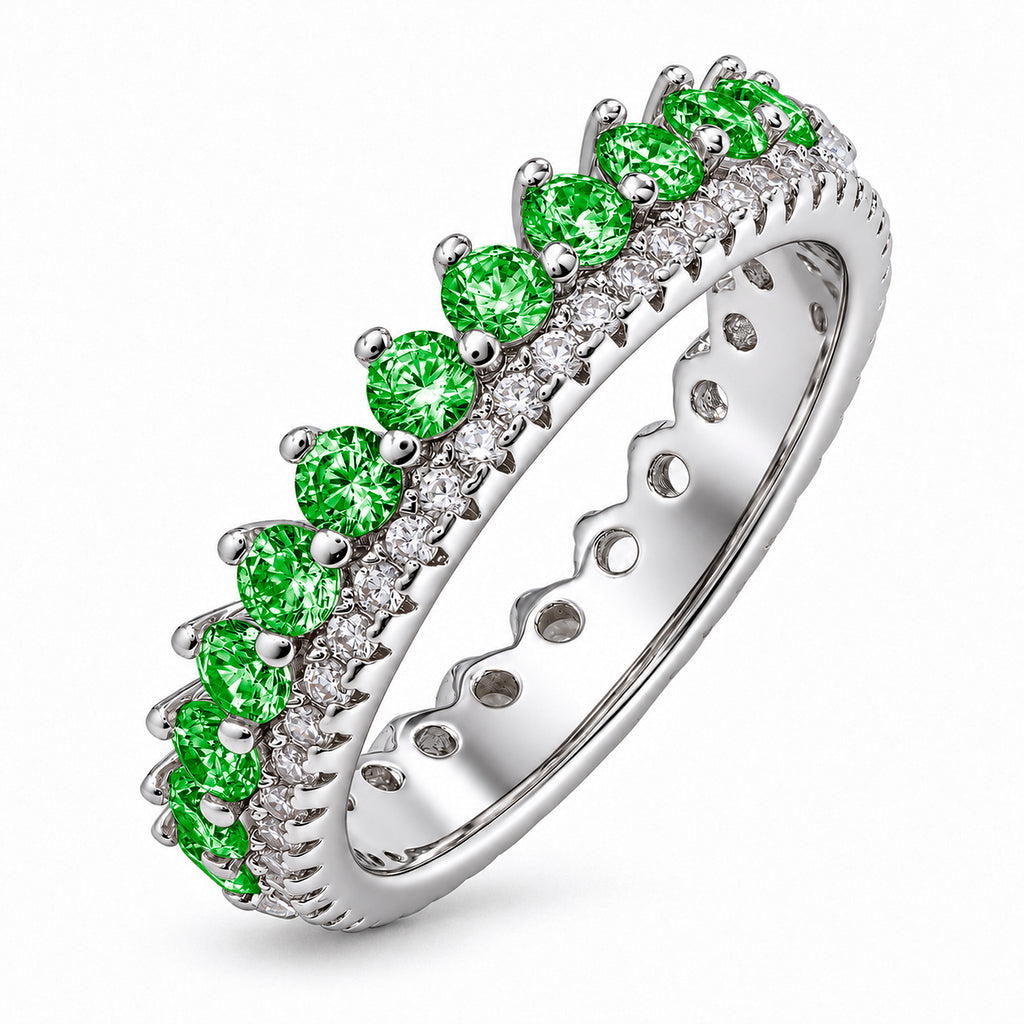 JeenMata 3.75 Carat Round Cut Dowble Row May Birthstone Ring for Her, Emerald Cubic Zirconia Eternity Wedding Band Ring, Anniversary Ring in 18K White Gold Plating for Women