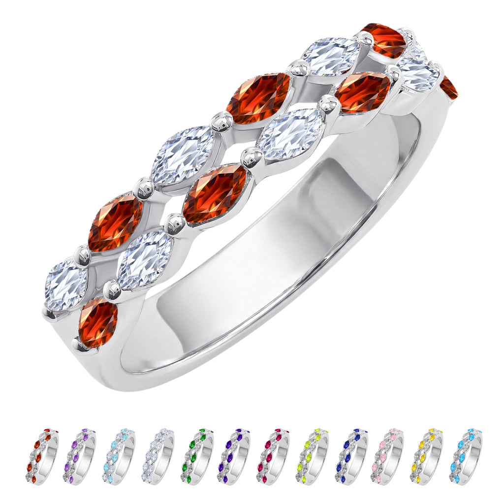JeenMata 2 Carat Marquise Cut - January Garnet Birthstone Cubic Zirconia Double Row Eternity Anniversary Band Ring in 18K White Gold Plating for Women