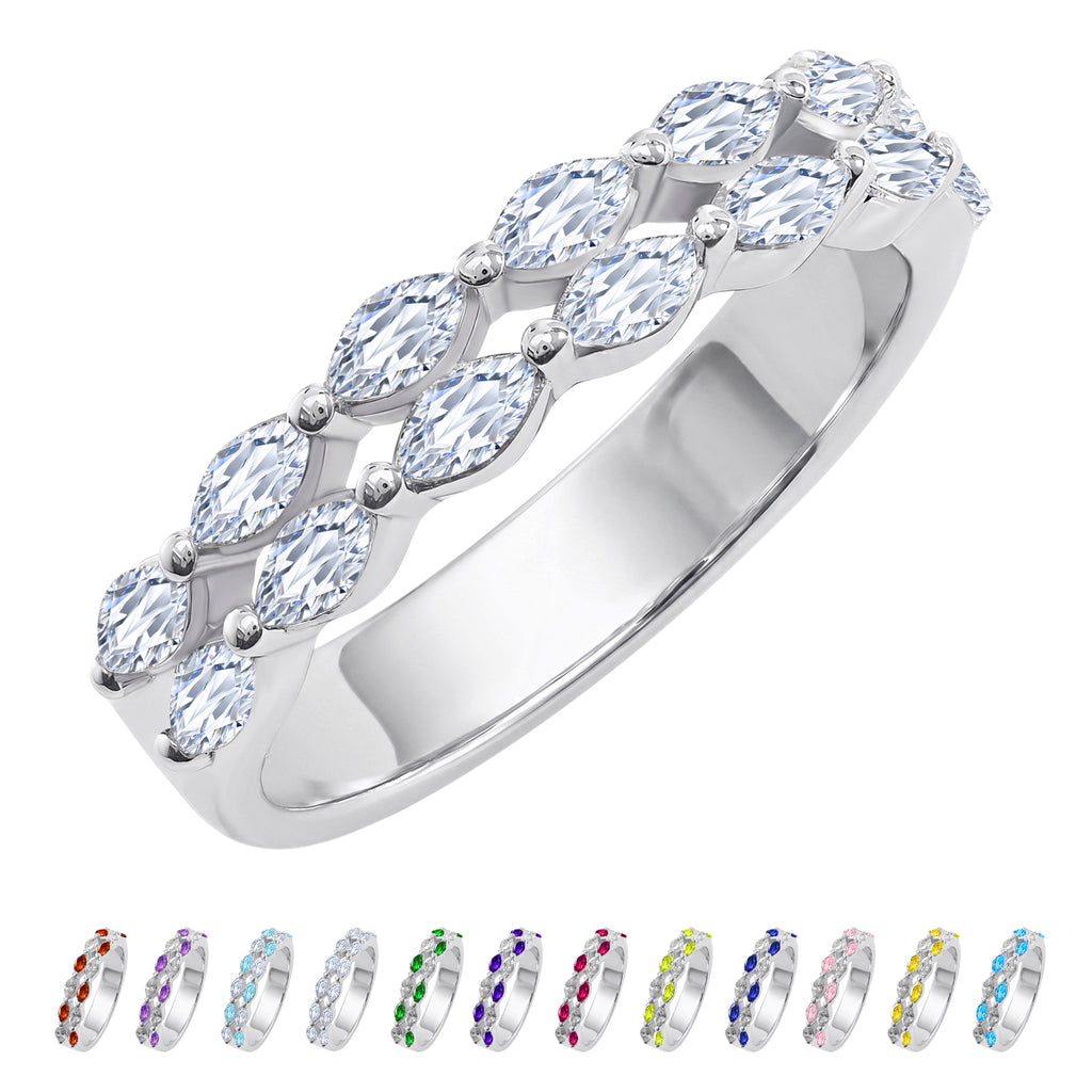 JeenMata 2 Carat Marquise Cut - April Birthstone Cubic Zirconia Double Row Eternity Anniversary Band Ring in 18K White Gold Plating for Women
