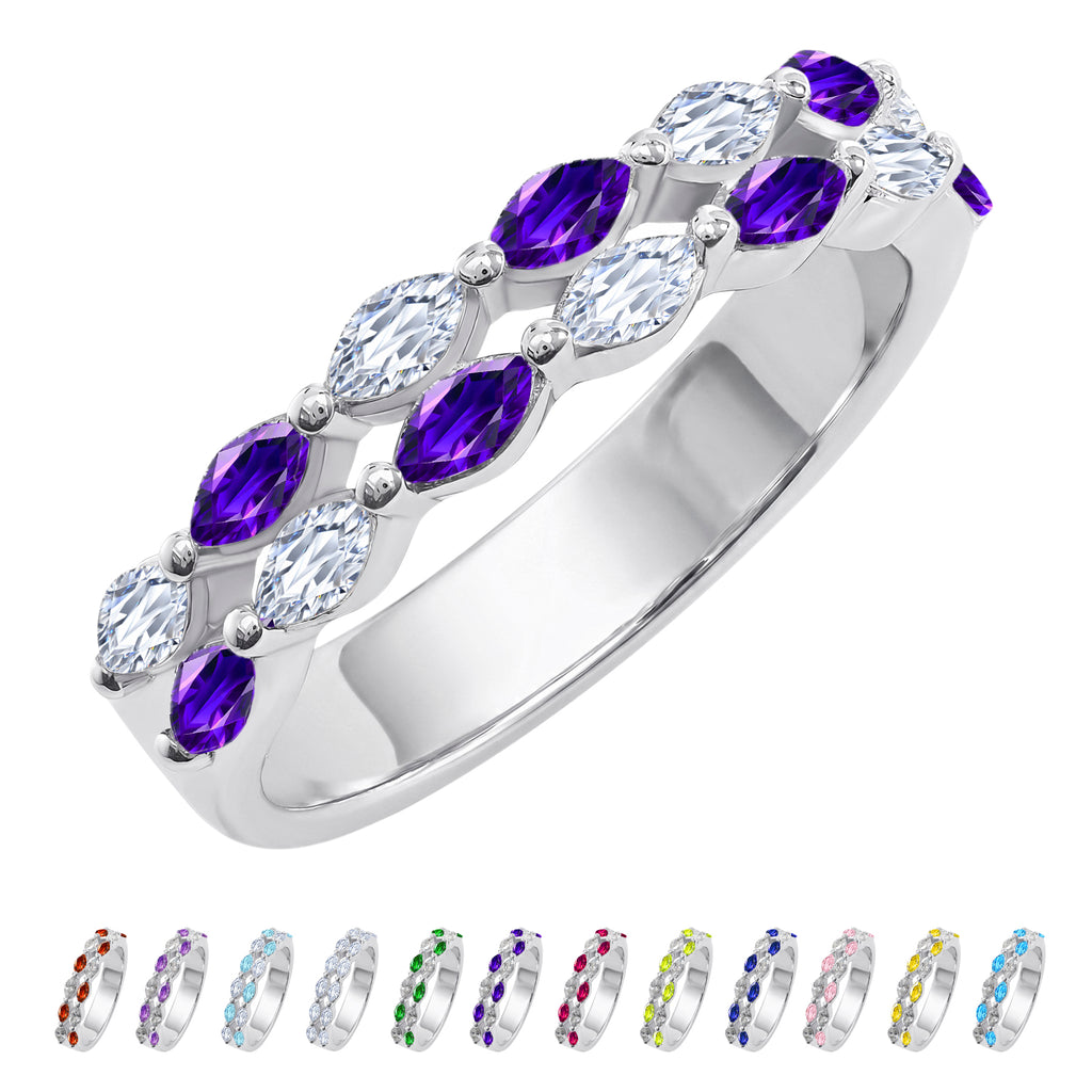 JeenMata 2 Carat Marquise Cut - June Alexandrite Birthstone Cubic Zirconia Double Row Eternity Anniversary Band Ring in 18K White Gold Plating for Women
