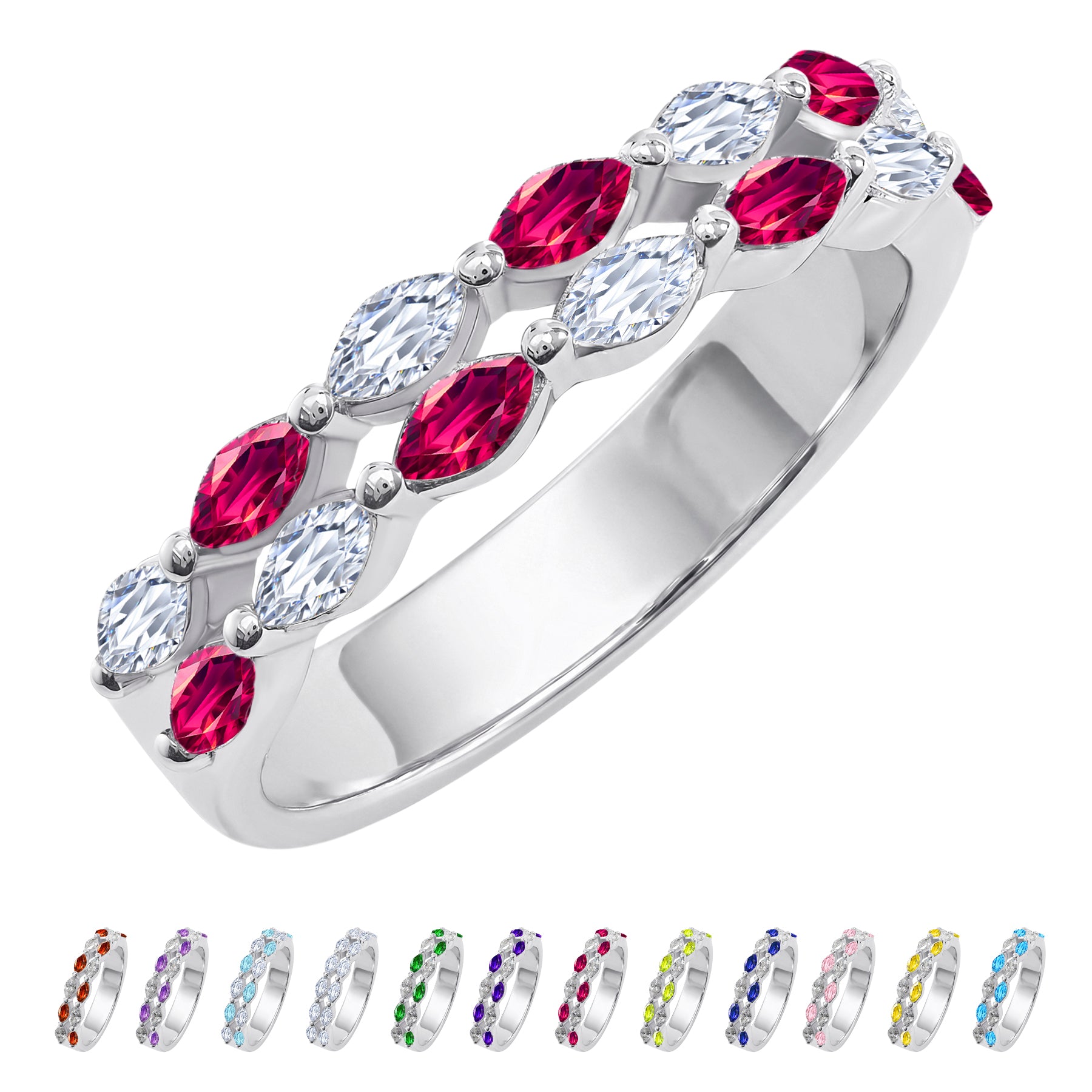 JeenMata 2 Carat Marquise Cut - July Ruby Birthstone Cubic Zirconia Double Row Eternity Anniversary Band Ring in 18K White Gold Plating for Women