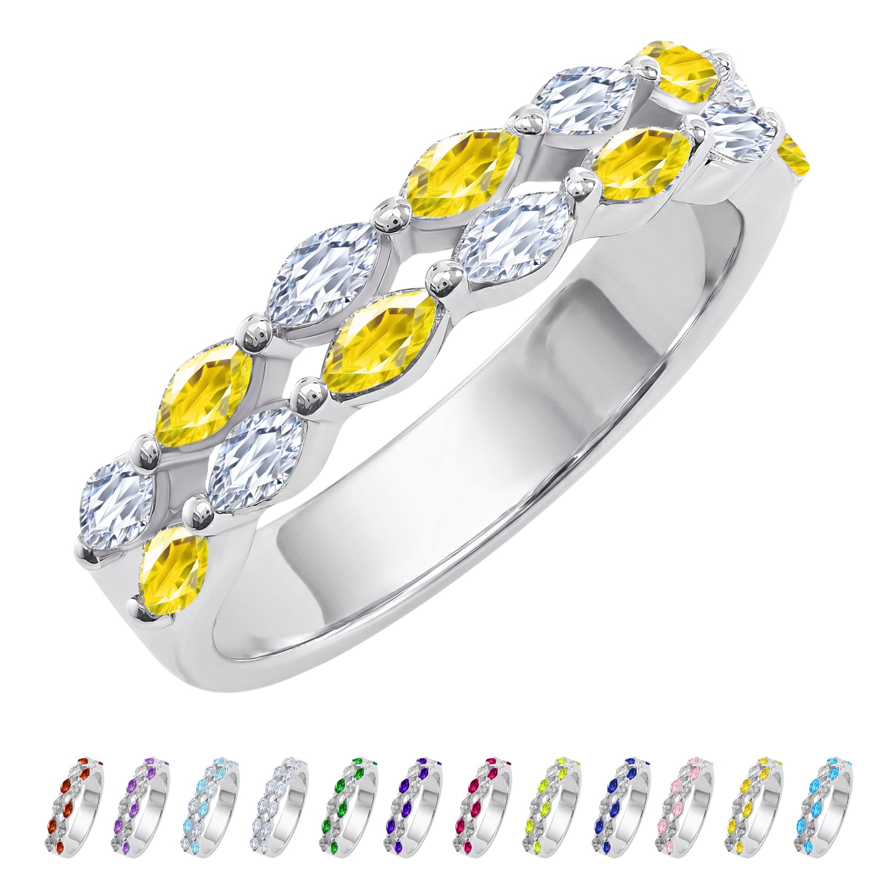 JeenMata 2 Carat Marquise Cut - November Citrine Birthstone Cubic Zirconia Double Row Eternity Anniversary Band Ring in 18K White Gold Plating for Women