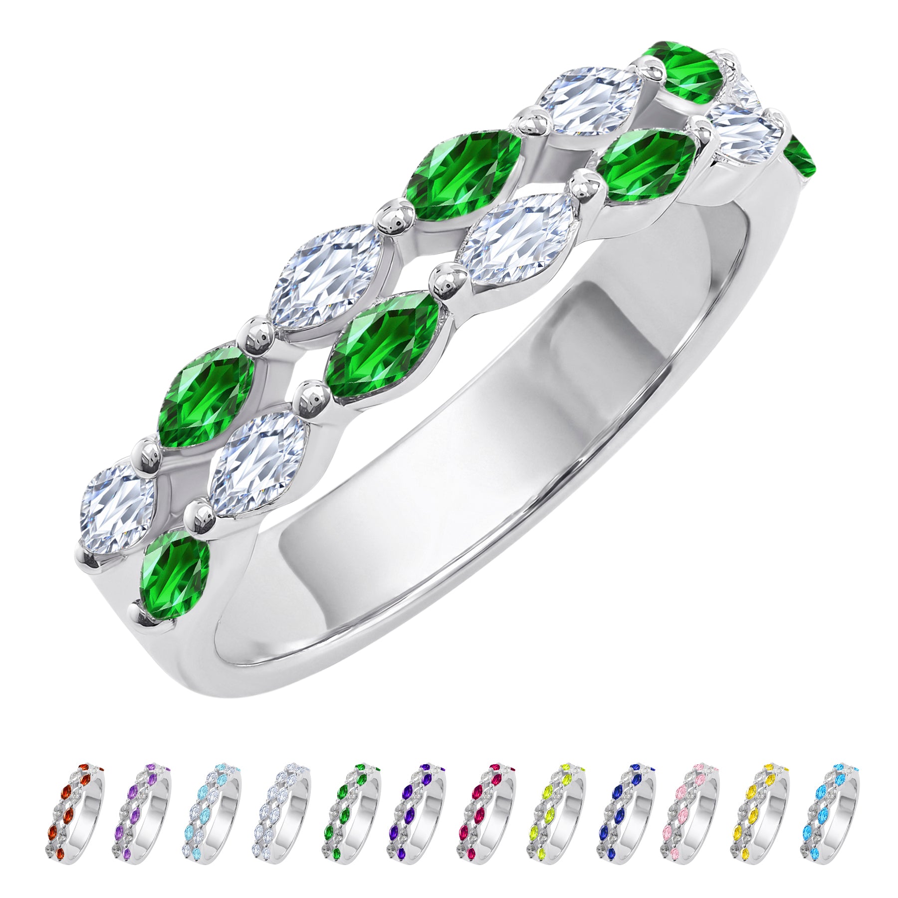 JeenMata 2 Carat Marquise Cut - May Emerald Birthstone Cubic Zirconia Double Row Eternity Anniversary Band Ring in 18K White Gold Plating for Women
