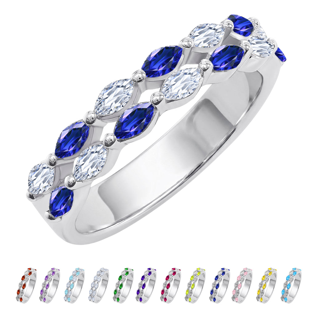 JeenMata 2 Carat Marquise Cut - September Blue Sapphire Birthstone Cubic Zirconia Double Row Eternity Anniversary Band Ring in 18K White Gold Plating for Women