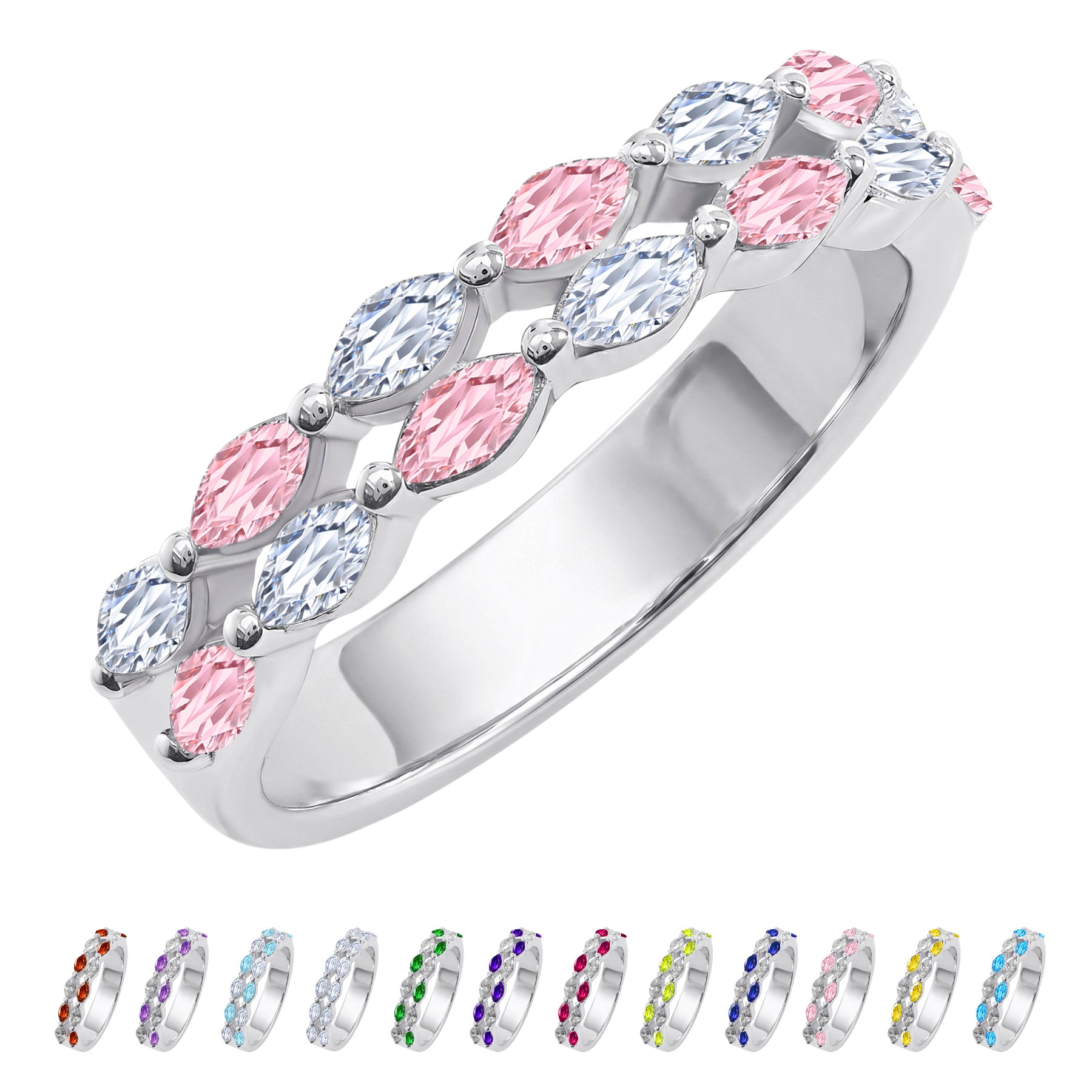 JeenMata 2 Carat Marquise Cut - October Pink Tourmaline Birthstone Cubic Zirconia Double Row Eternity Anniversary Band Ring in 18K White Gold Plating for Women