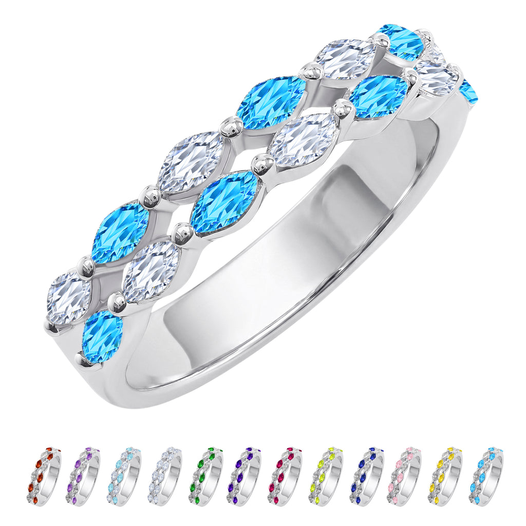 JeenMata 2 Carat Marquise Cut - December Blue Topaz Birthstone Cubic Zirconia Double Row Eternity Anniversary Band Ring in 18K White Gold Plating for Women