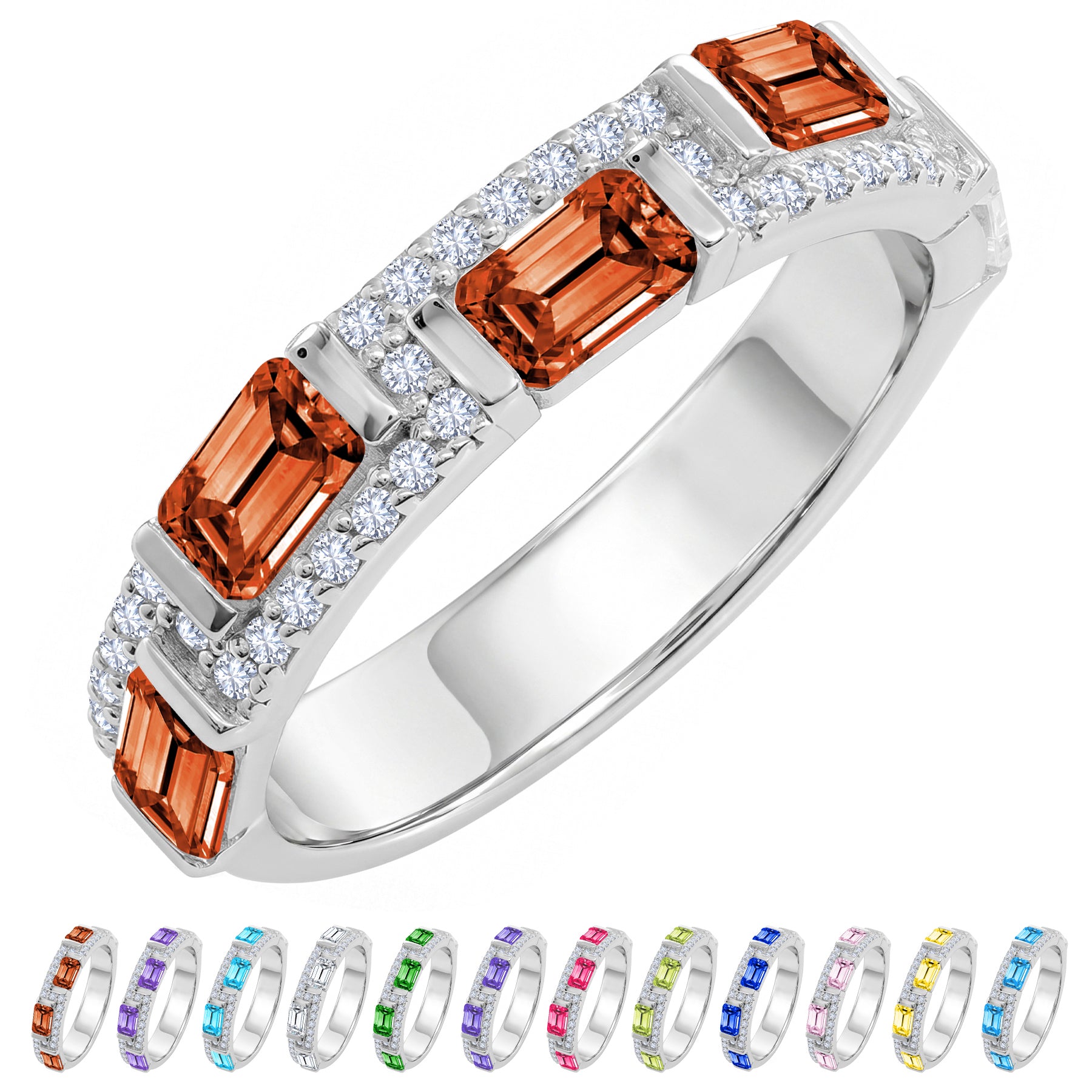 JeenMata 3 Carat Emerald & Round Cut January Garnet Cubic Zirconia - Alternating Birthstone Eternity Wedding Band Ring in 18K White Gold Plating for Women