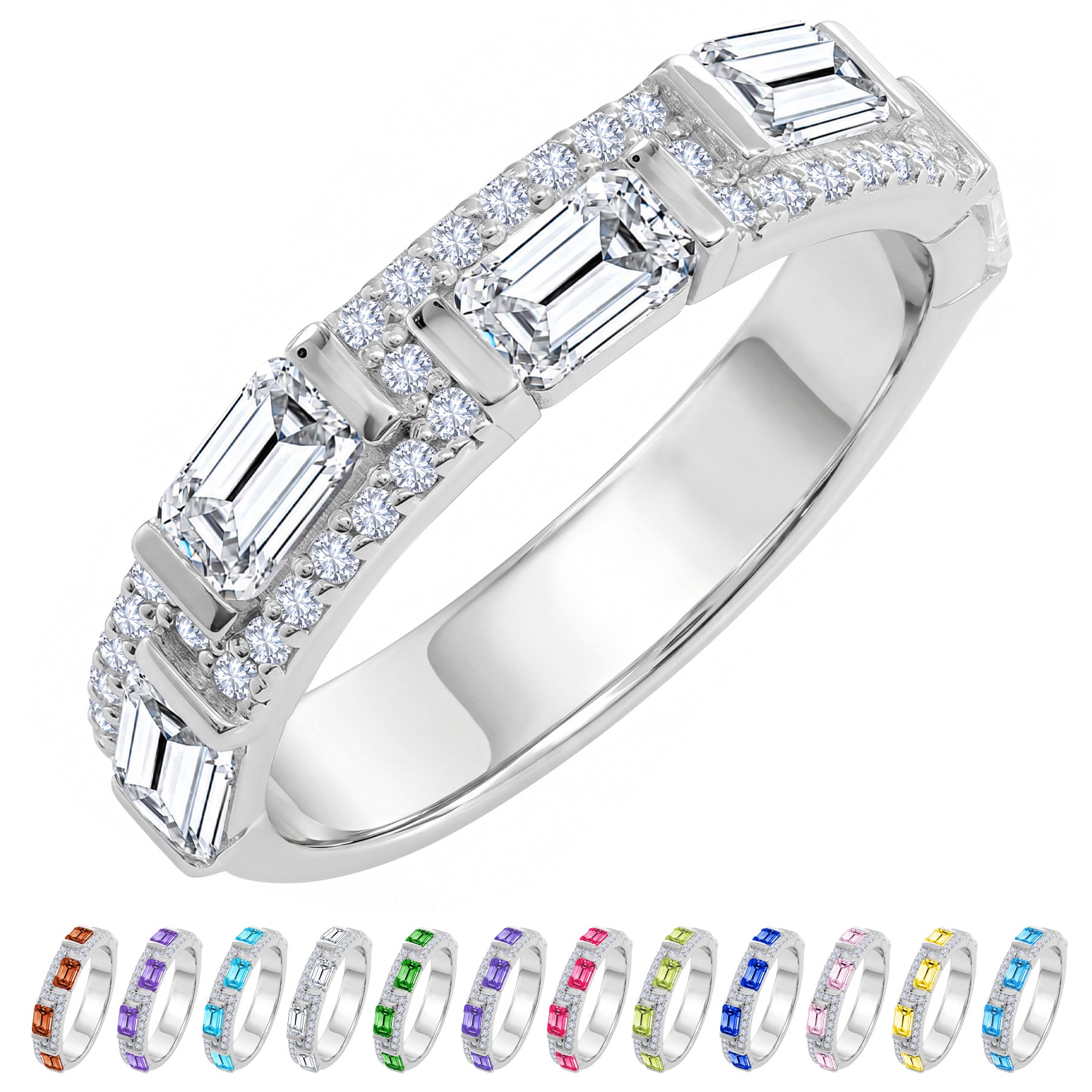JeenMata 3 Carat Emerald & Round Cut April Cubic Zirconia - Alternating Birthstone Eternity Wedding Band Ring in 18K White Gold Plating for Women