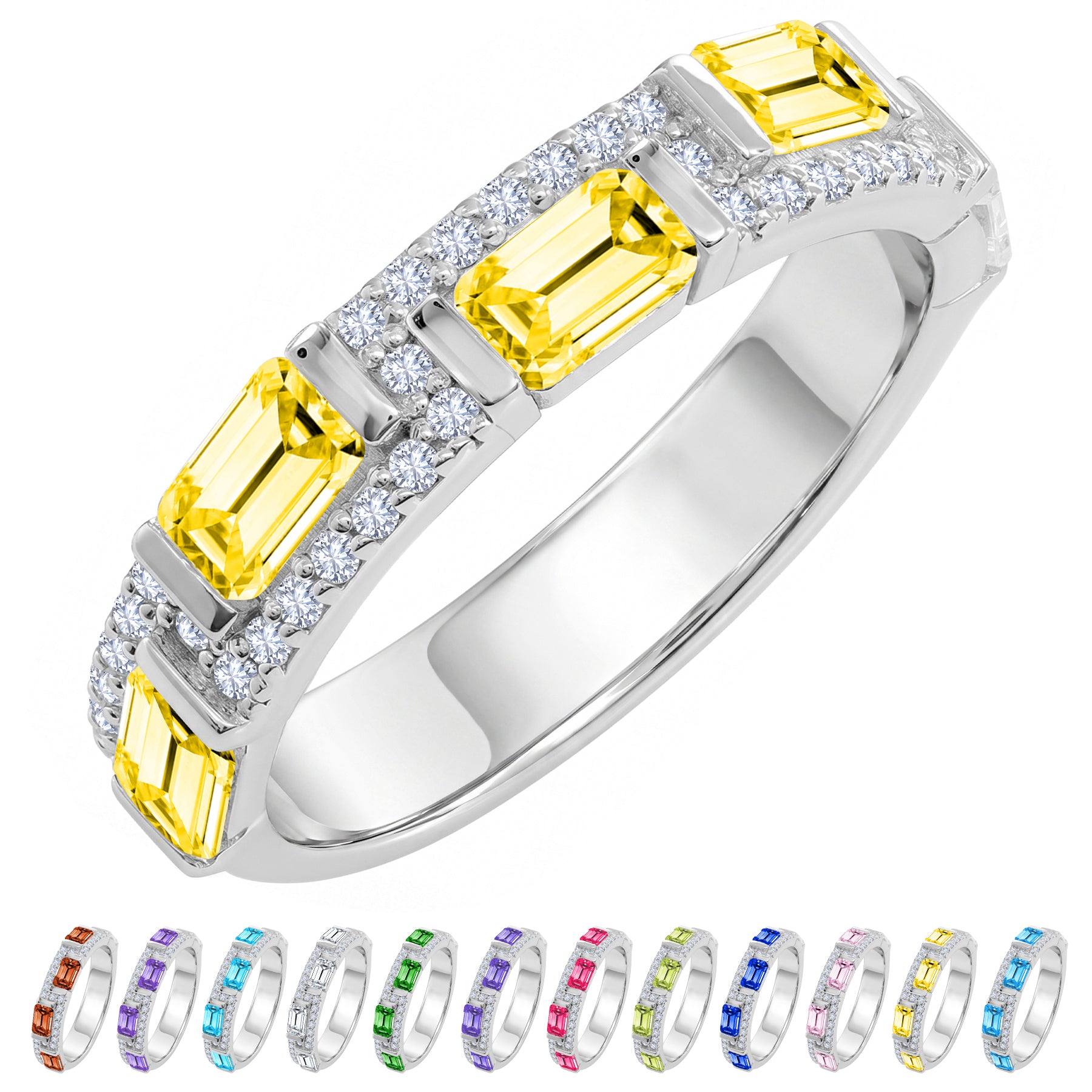 JeenMata 3 Carat Emerald & Round Cut November Citrine Cubic Zirconia - Alternating Birthstone Eternity Wedding Band Ring in 18K White Gold Plating for Women