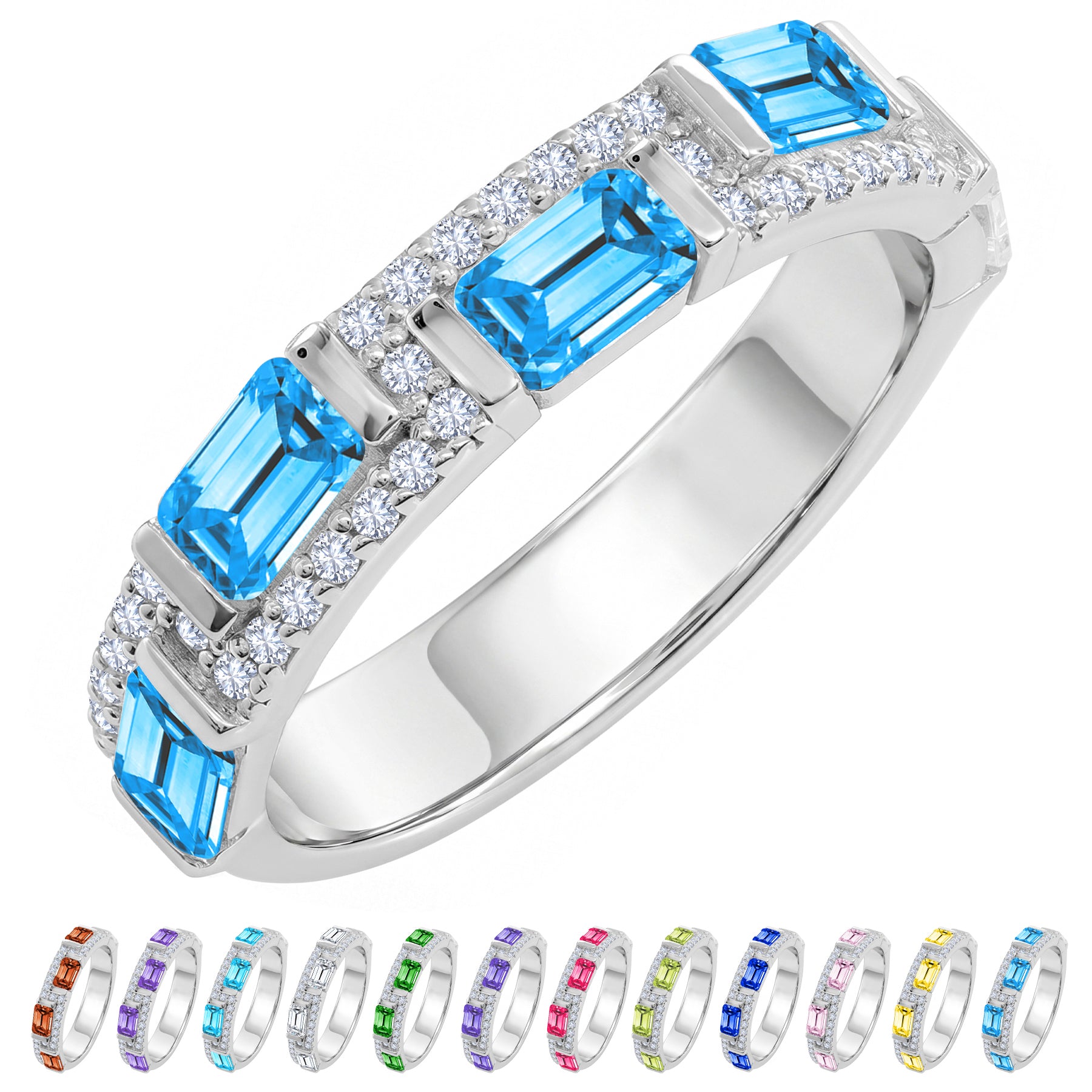 JeenMata 3 Carat Emerald & Round Cut December Blue Topaz Cubic Zirconia - Alternating Birthstone Eternity Wedding Band Ring in 18K White Gold Plating for Women