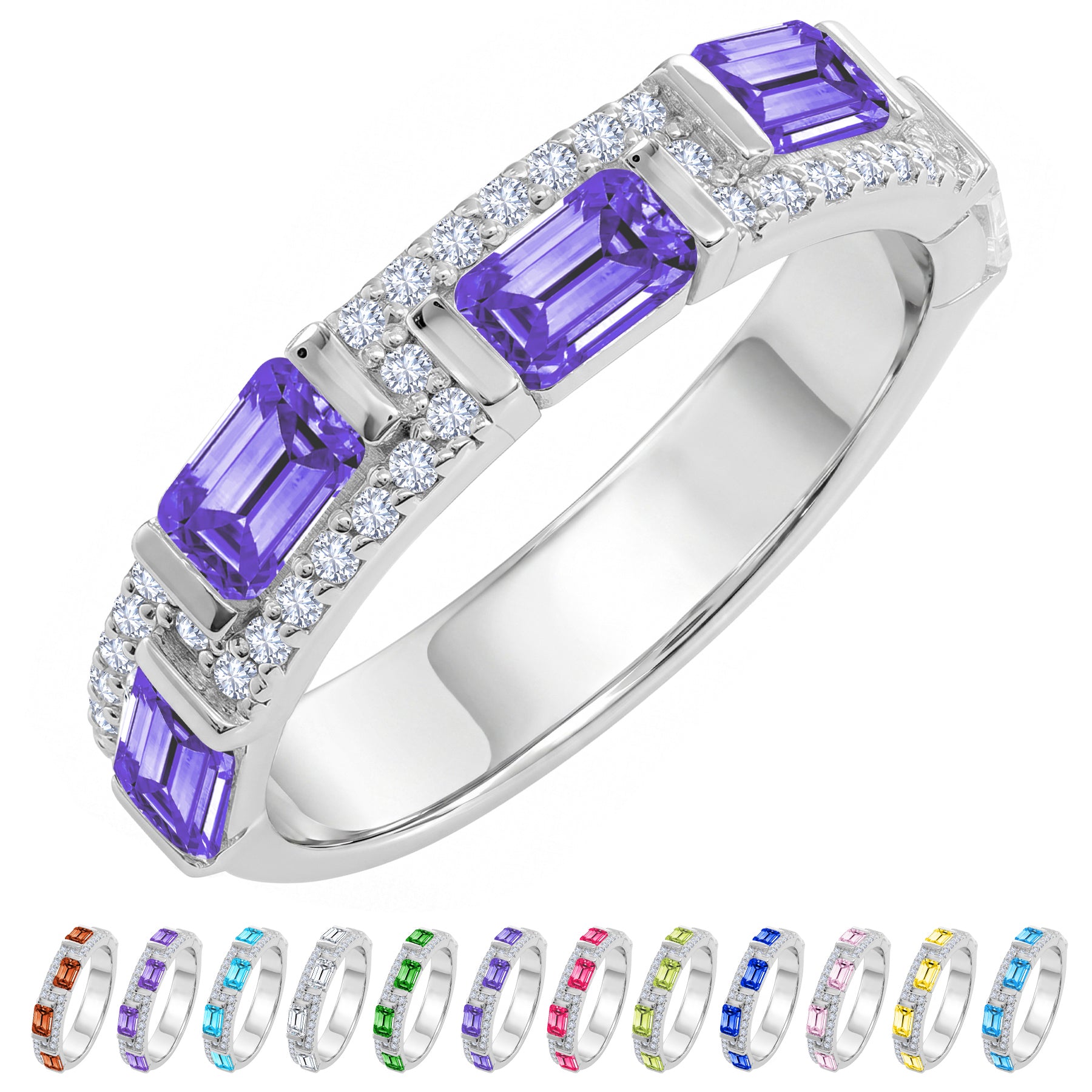 JeenMata 3 Carat Emerald & Round Cut June Alexandrite Cubic Zirconia - Alternating Birthstone Eternity Wedding Band Ring in 18K White Gold Plating for Women