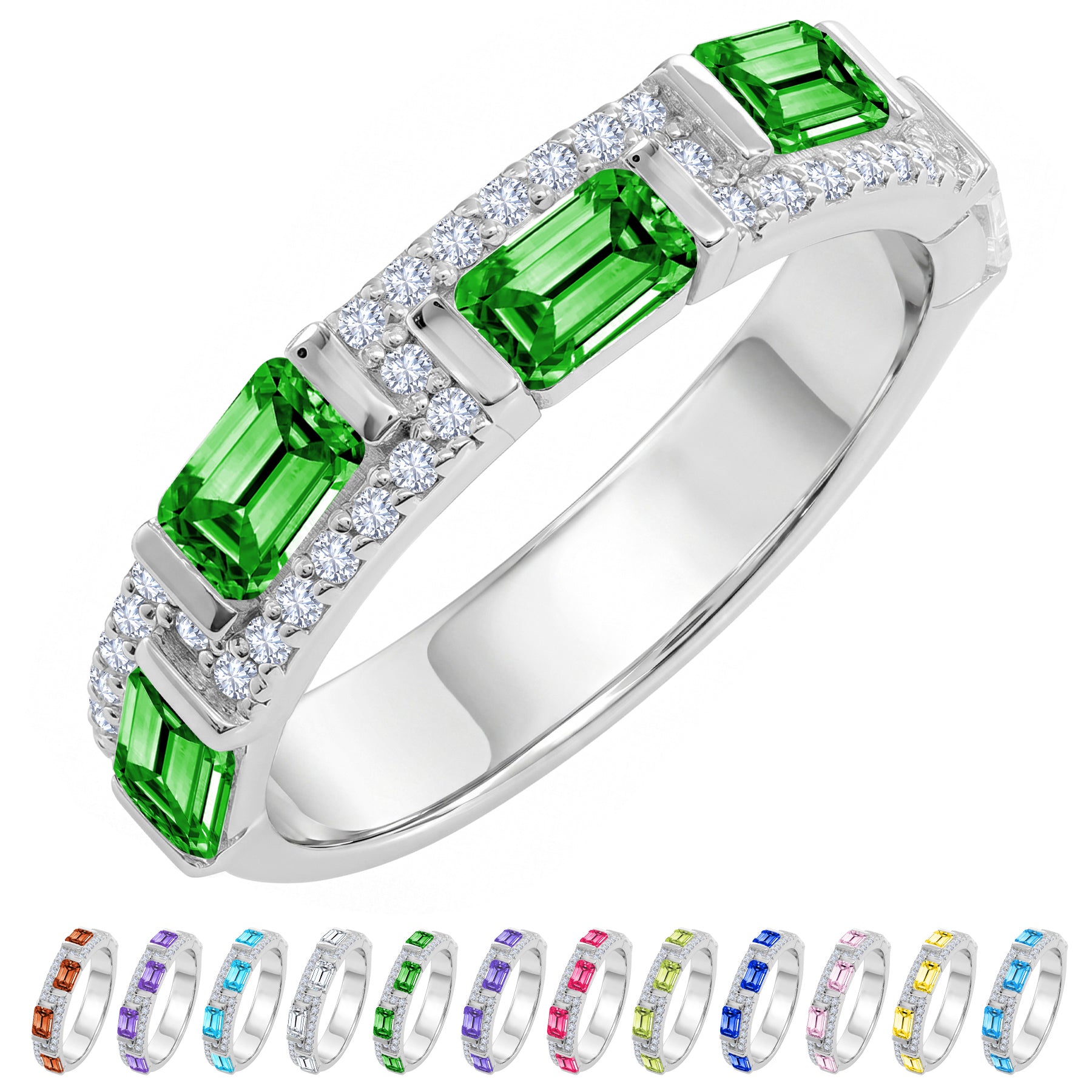 JeenMata 3 Carat Emerald & Round Cut May Emerald Cubic Zirconia - Alternating Birthstone Eternity Wedding Band Ring in 18K White Gold Plating for Women