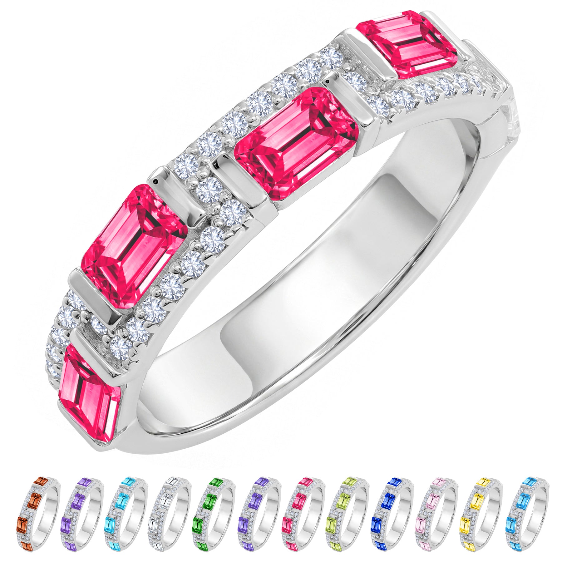 JeenMata 3 Carat Emerald & Round Cut July Ruby Cubic Zirconia - Alternating Birthstone Eternity Wedding Band Ring in 18K White Gold Plating for Women