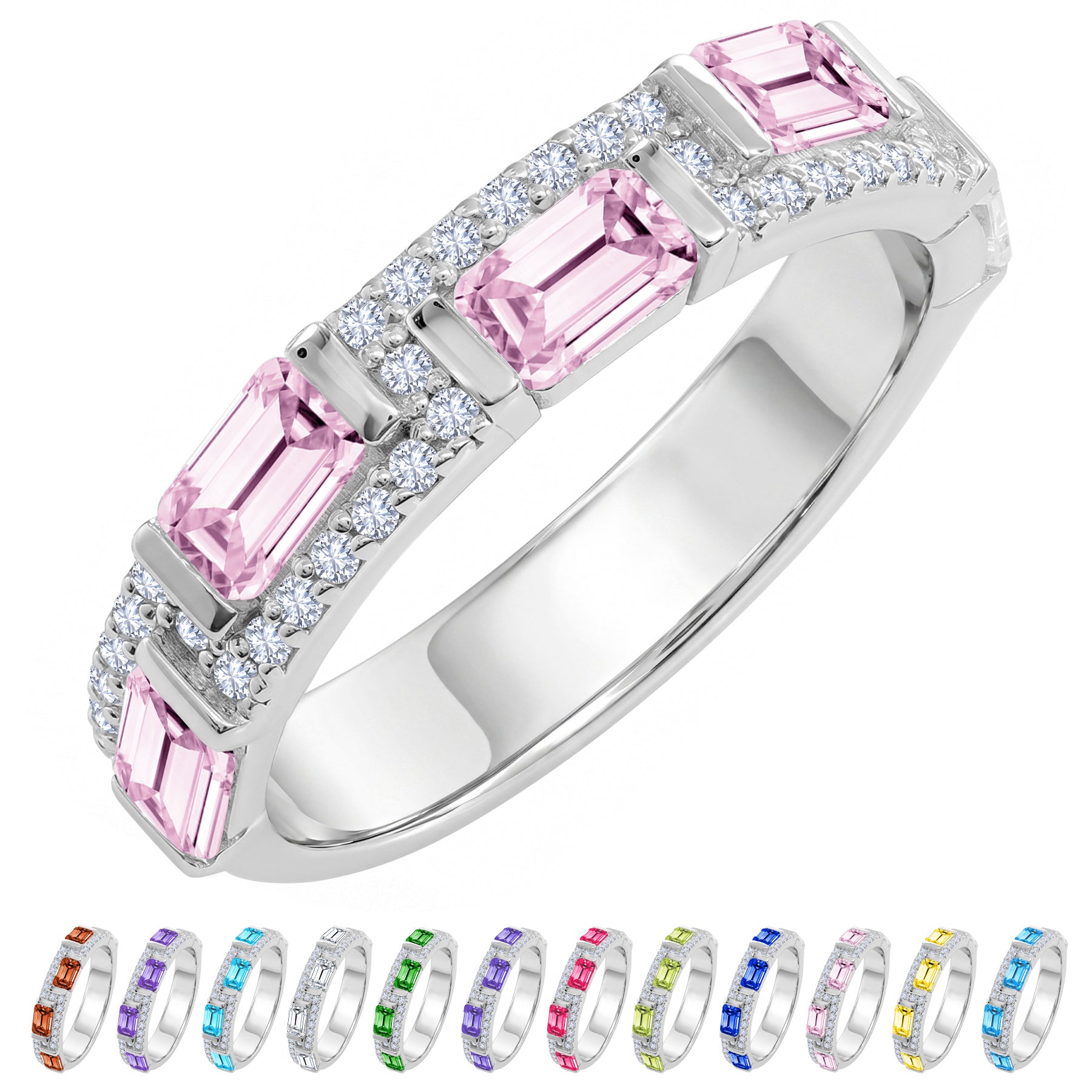 JeenMata 3 Carat Emerald & Round Cut October Pink Tourmaline Cubic Zirconia - Alternating Birthstone Eternity Wedding Band Ring in 18K White Gold Plating for Women