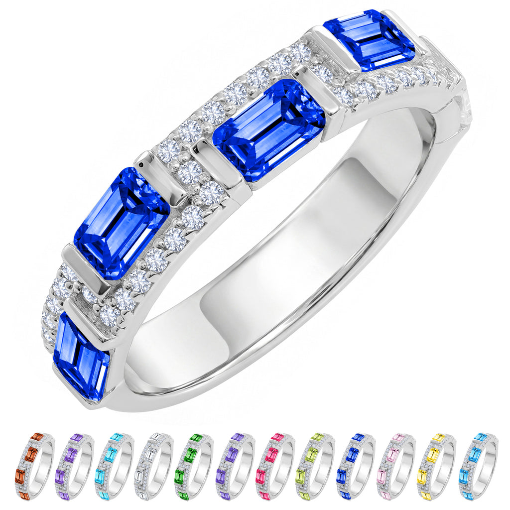 JeenMata 3 Carat Emerald & Round Cut September Blue Sapphire Cubic Zirconia - Alternating Birthstone Eternity Wedding Band Ring in 18K White Gold Plating for Women