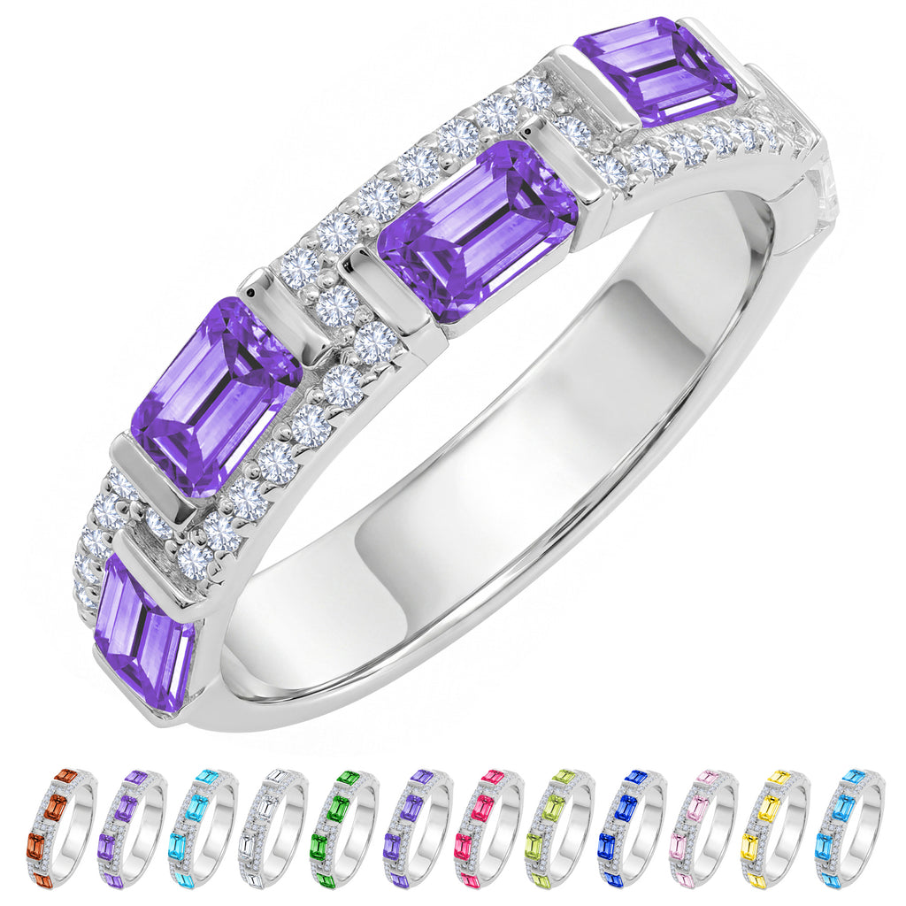 JeenMata 3 Carat Emerald & Round Cut February Amethyst Cubic Zirconia - Alternating Birthstone Eternity Wedding Band Ring in 18K White Gold Plating for Women