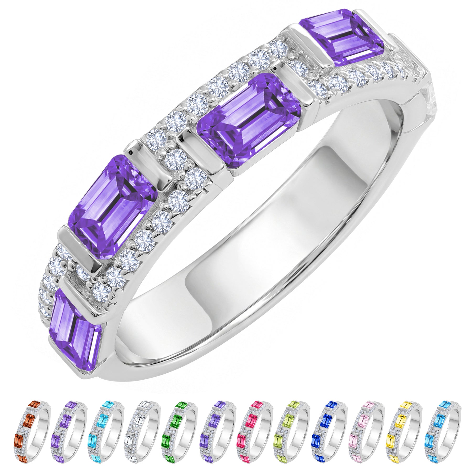 JeenMata 3 Carat Emerald & Round Cut February Amethyst Cubic Zirconia - Alternating Birthstone Eternity Wedding Band Ring in 18K White Gold Plating for Women