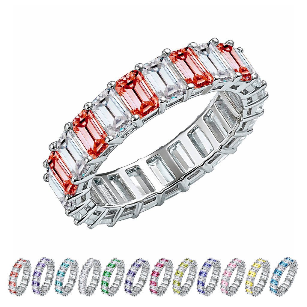 JeenMata 10 Carat Emerald Cut January Birthstone - Multicolor Eternity Wedding Band - Garnet & Cubic Zirconia Rings in 18K White Gold Plating for Women