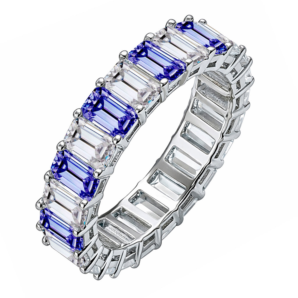 JeenMata 10 Carat Emerald Cut September Birthstone - Multicolor Eternity Wedding Band - Royal Blue Sapphire & Cubic Zirconia Rings in 18K White Gold Plating for Women