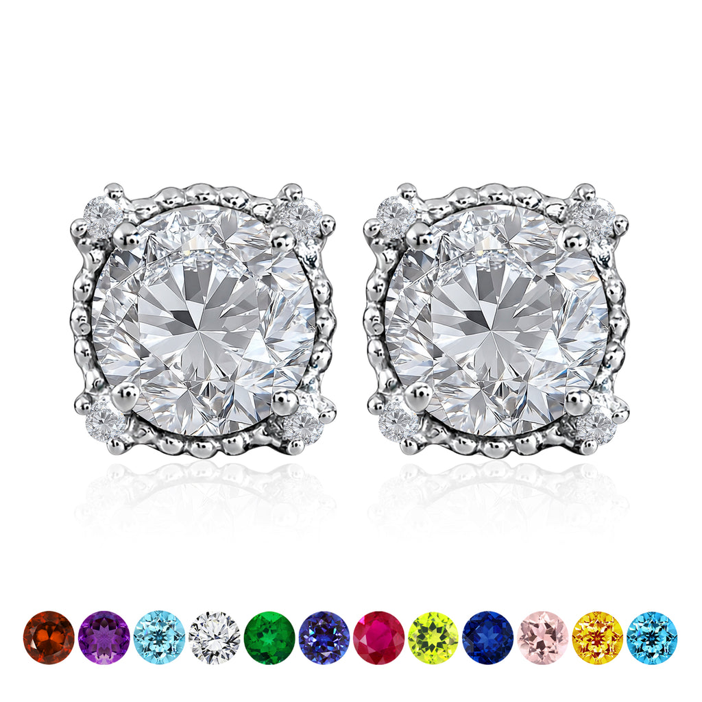 JeenMata 3.5 Carat Round Cut April Birthstone Stud Earrings - Halo Milgrain Earrings in 18K White Gold Plating for Women