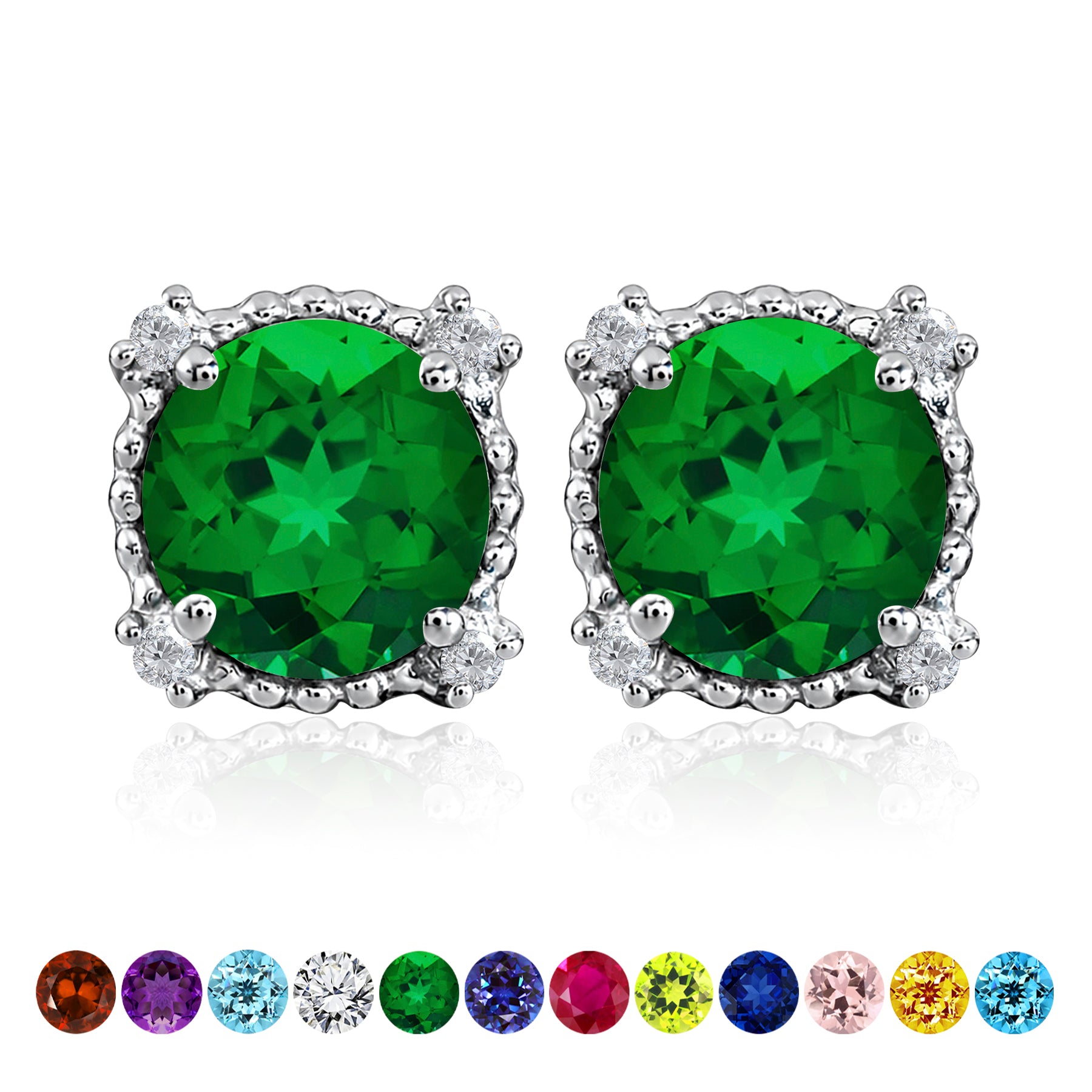 JeenMata 3.5 Carat Round Cut May Birthstone Stud Earrings - Halo Milgrain Earrings in 18K White Gold Plating for Women