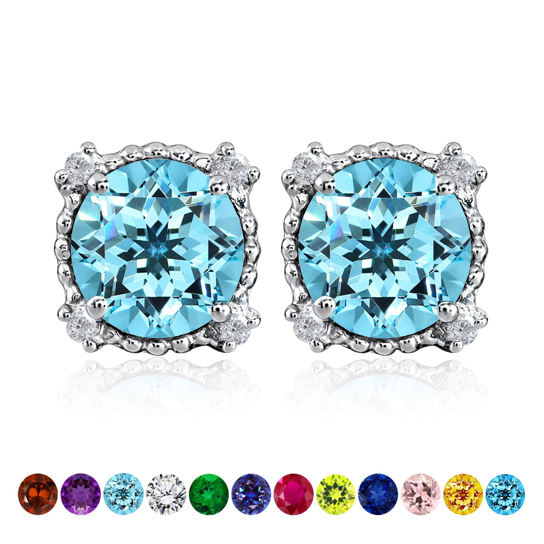 JeenMata 3.5 Carat Round Cut March Birthstone Stud Earrings - Halo Milgrain Earrings in 18K White Gold Plating for Women