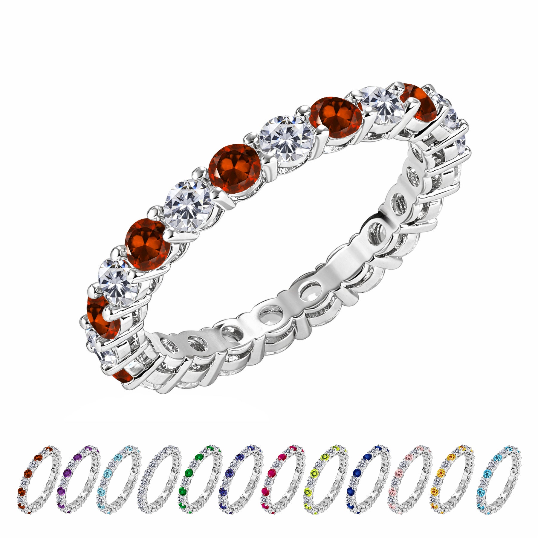 JeenMata 3.5 Carat Round Cut January Birthstone - Multicolor Eternity Wedding Band - Garnet & Cubic Zirconia Rings in 18K White Gold Plating for Women