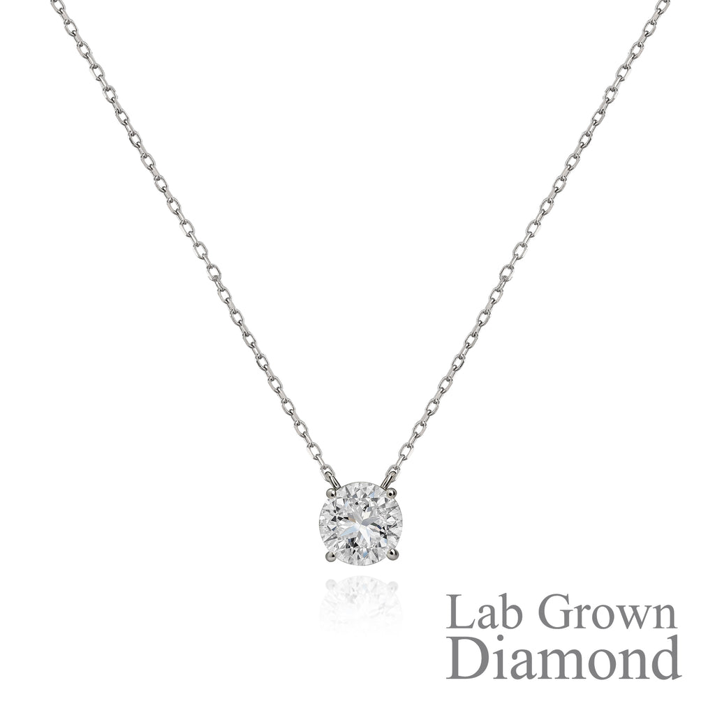 JeenMata Lab Grown Diamond 1 Carat Round Cut Classic Solitaire Pendant Necklace - in 18K White Gold Plating for Women