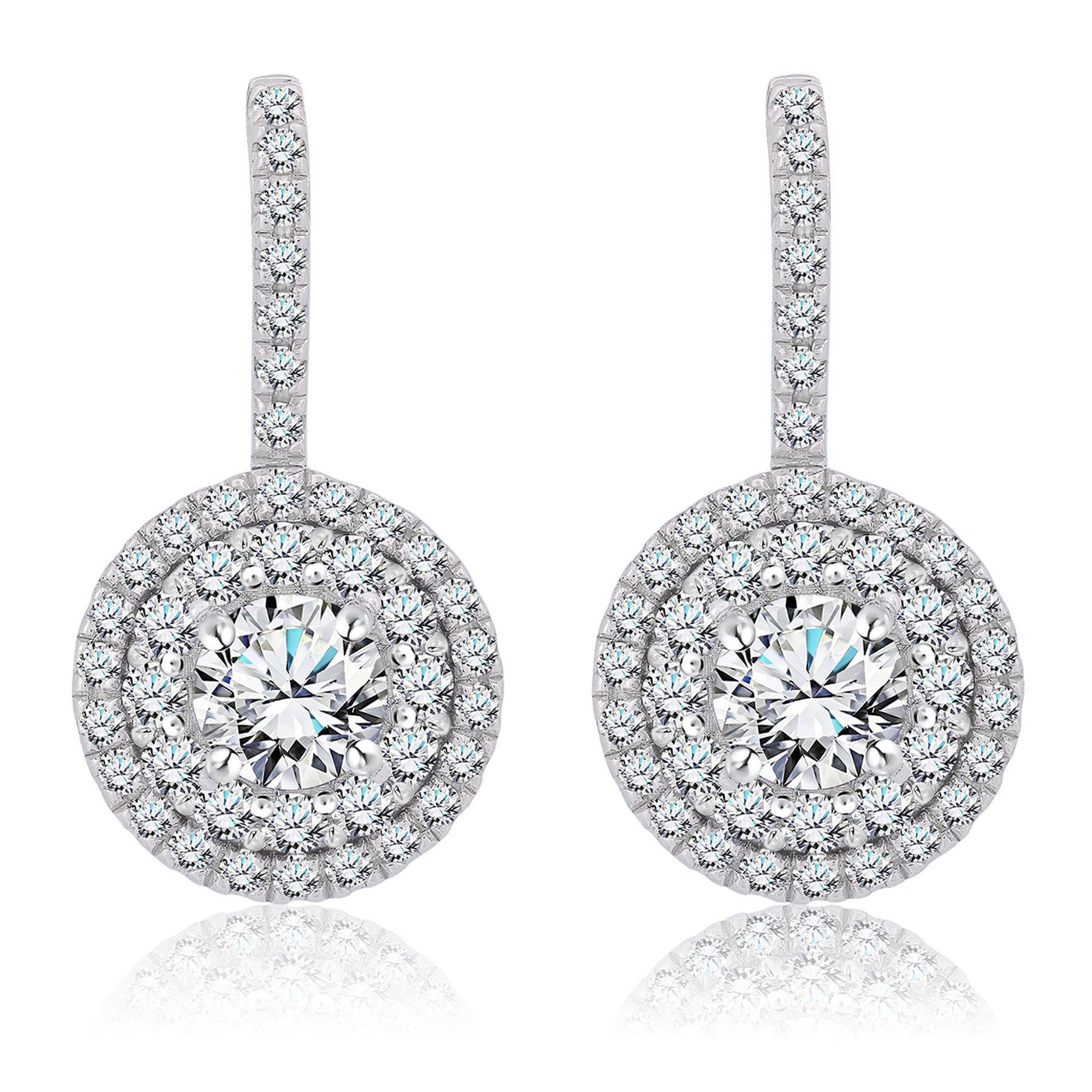 JeenMata 1 Carat Lab Grown Diamond Halo Drop Earrings - Round Cut Vintage Inspired Earrings in White Gold Plating