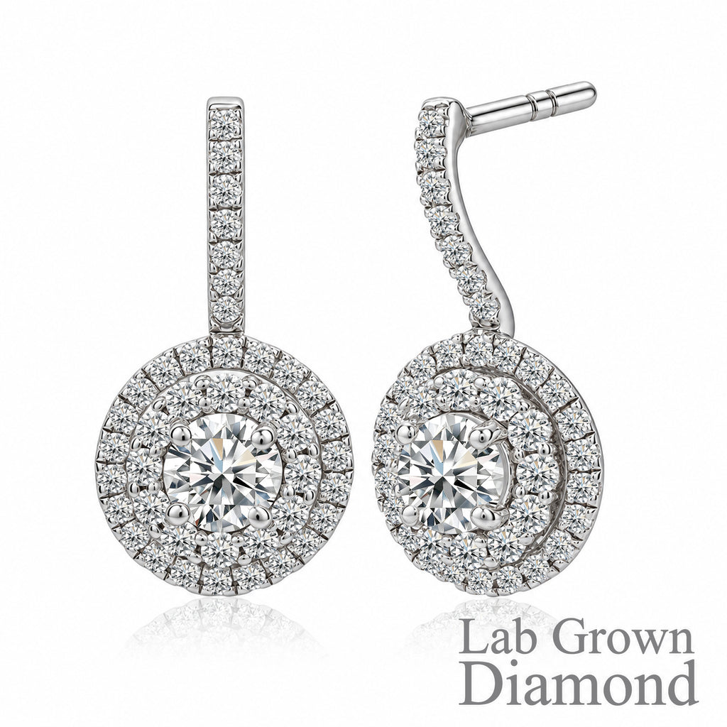 JeenMata 1 Carat Lab Grown Diamond Halo Drop Earrings - Round Cut Vintage Inspired Earrings in White Gold Plating