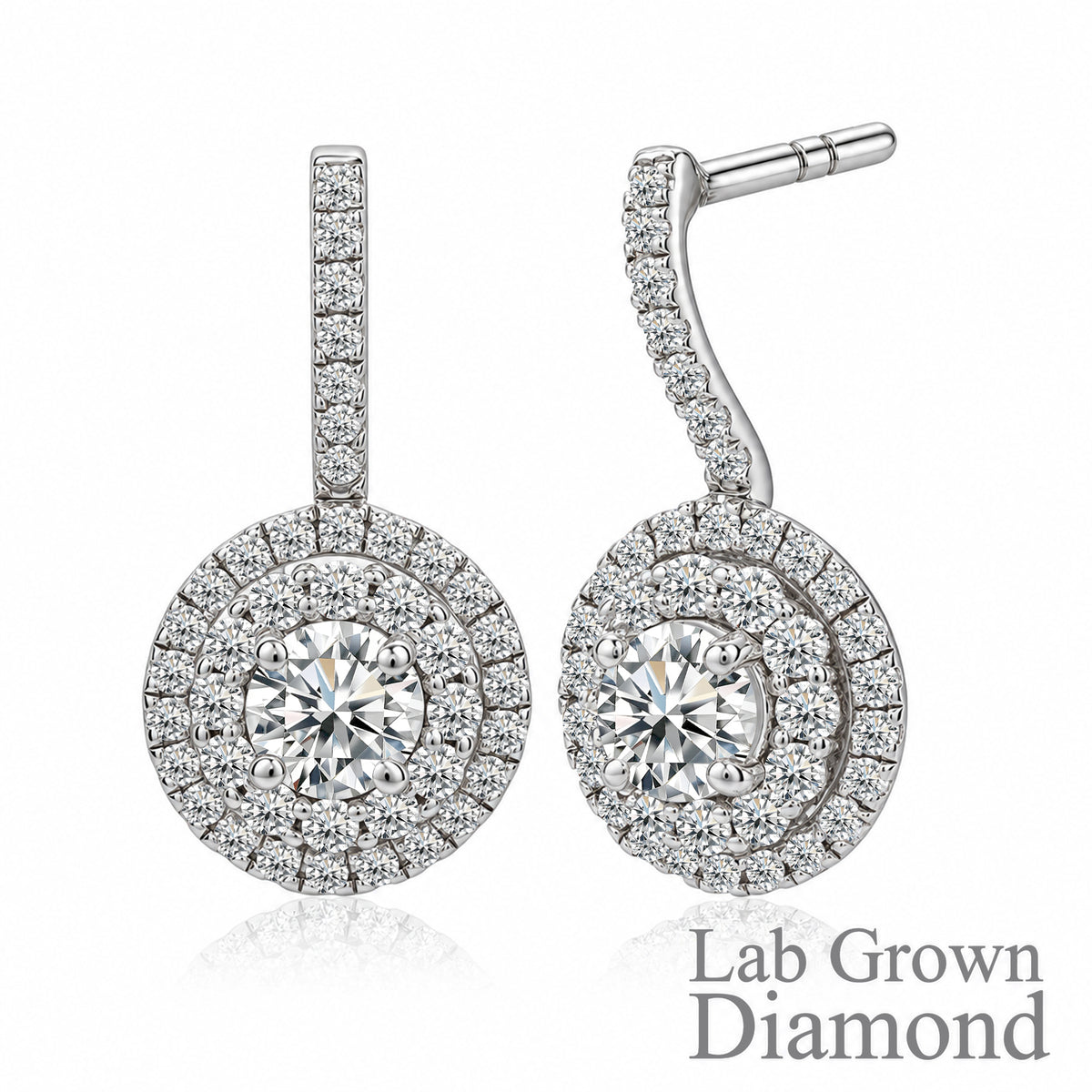 JeenMata 1 Carat Lab Grown Diamond Halo Drop Earrings - Round Cut Vintage Inspired Earrings in White Gold Plating