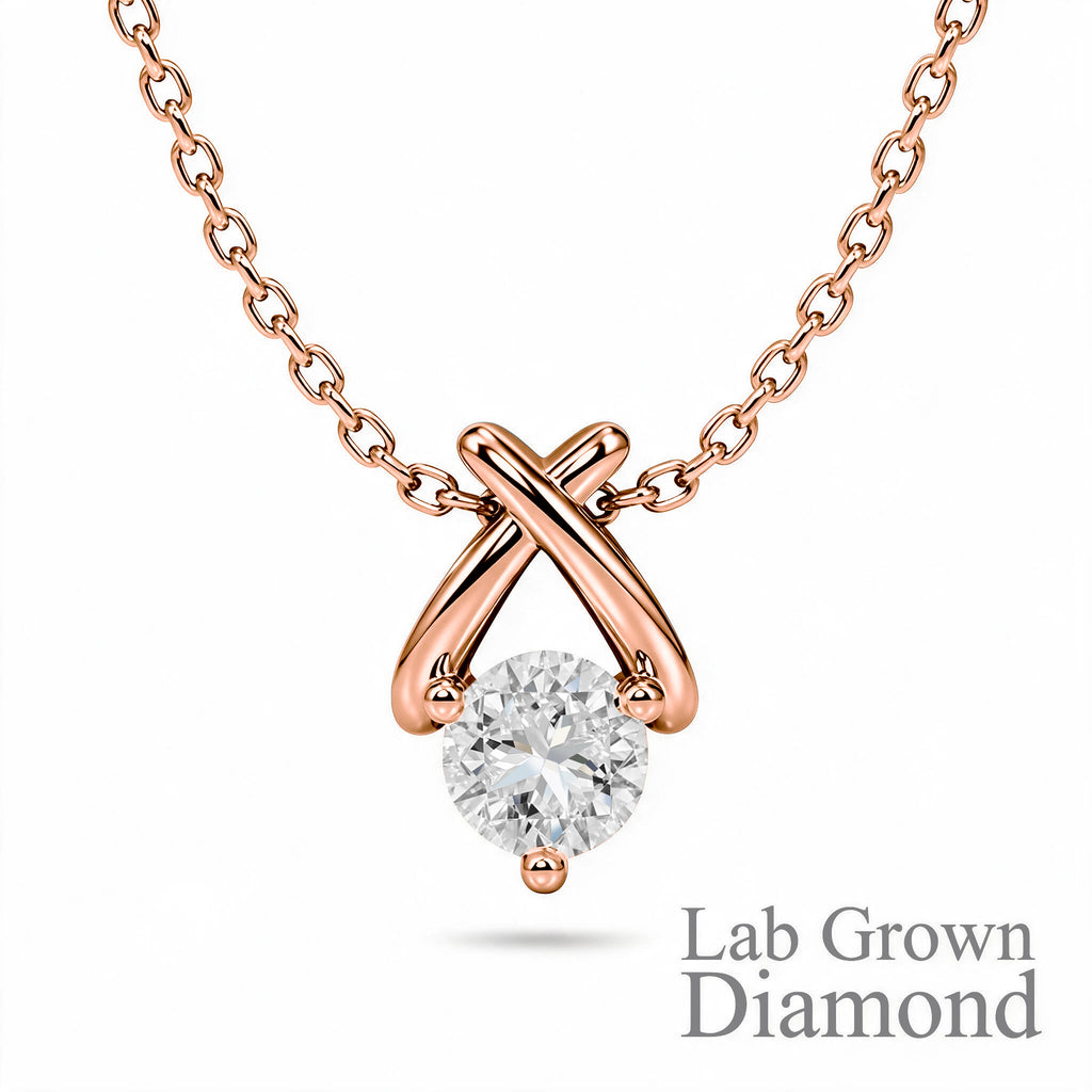 JeenMata X-Shaped Round Cut Lab Grown Diamond Pendant Necklace in 18K Rose Gold Plating for Women