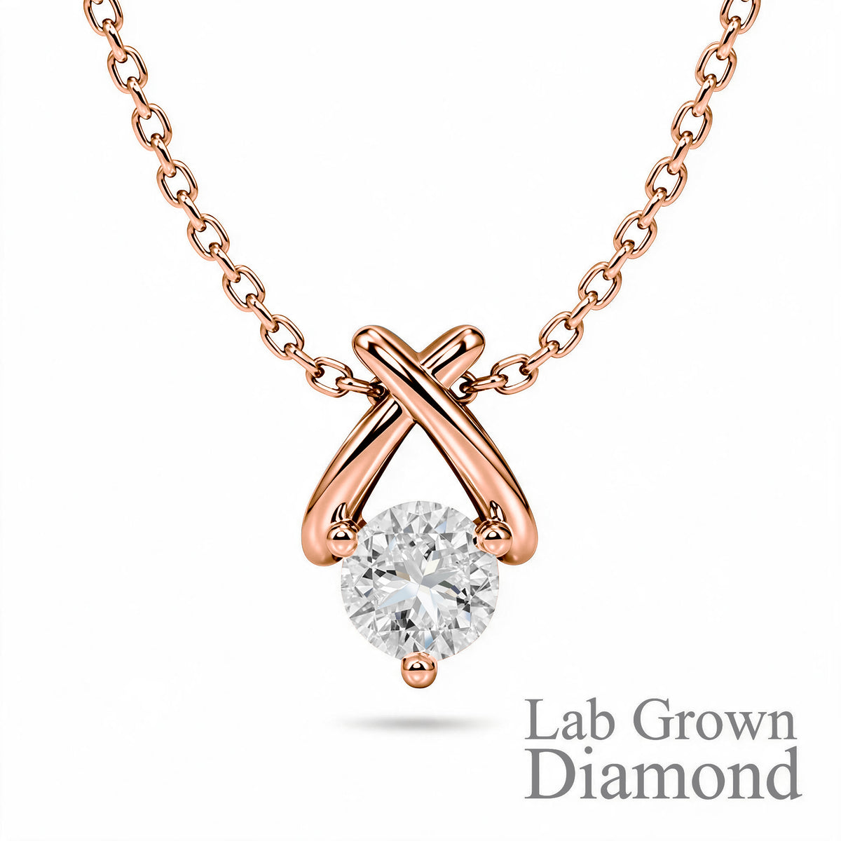 JeenMata X-Shaped Round Cut Lab Grown Diamond Pendant Necklace in 18K Rose Gold Plating for Women