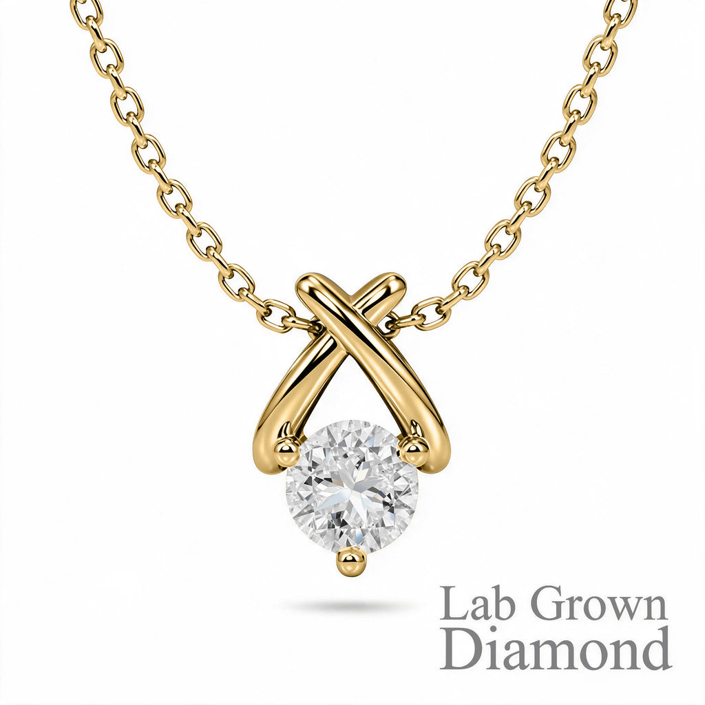 JeenMata X-Shaped Round Cut Lab Grown Diamond Pendant Necklace in 18K Yellow Gold Plating for Women