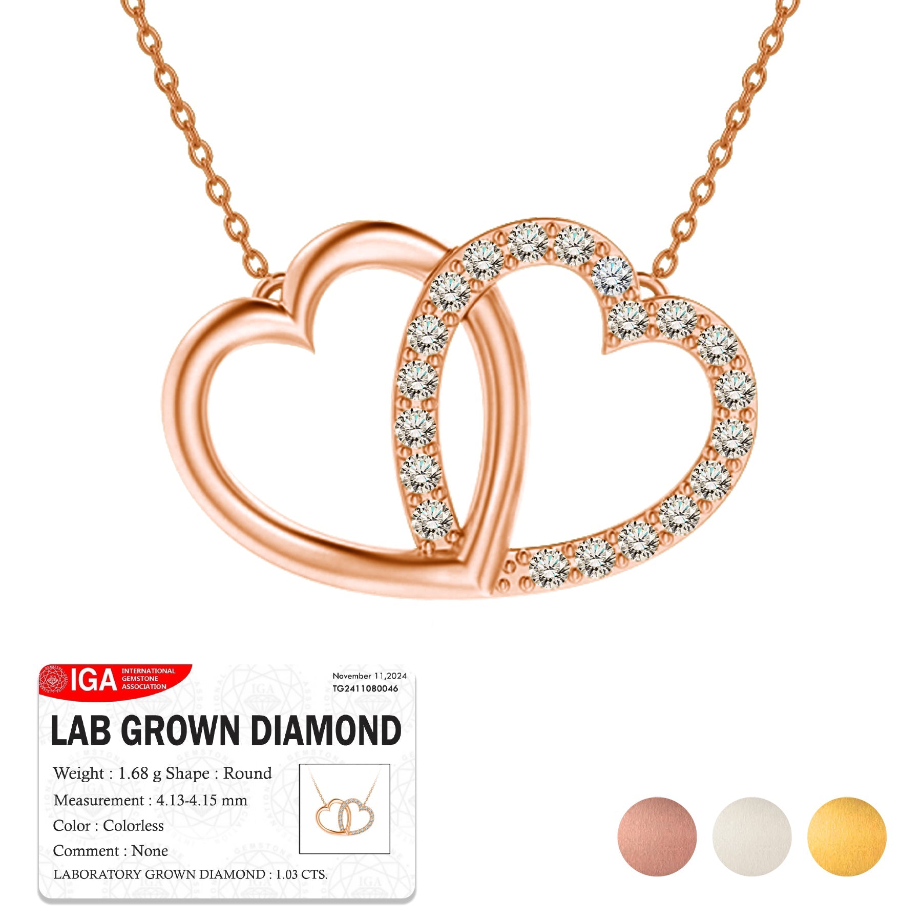 Certified Lab Grown Diamond Interlocking Heart Shape Pendant Necklace in White Gold Plating