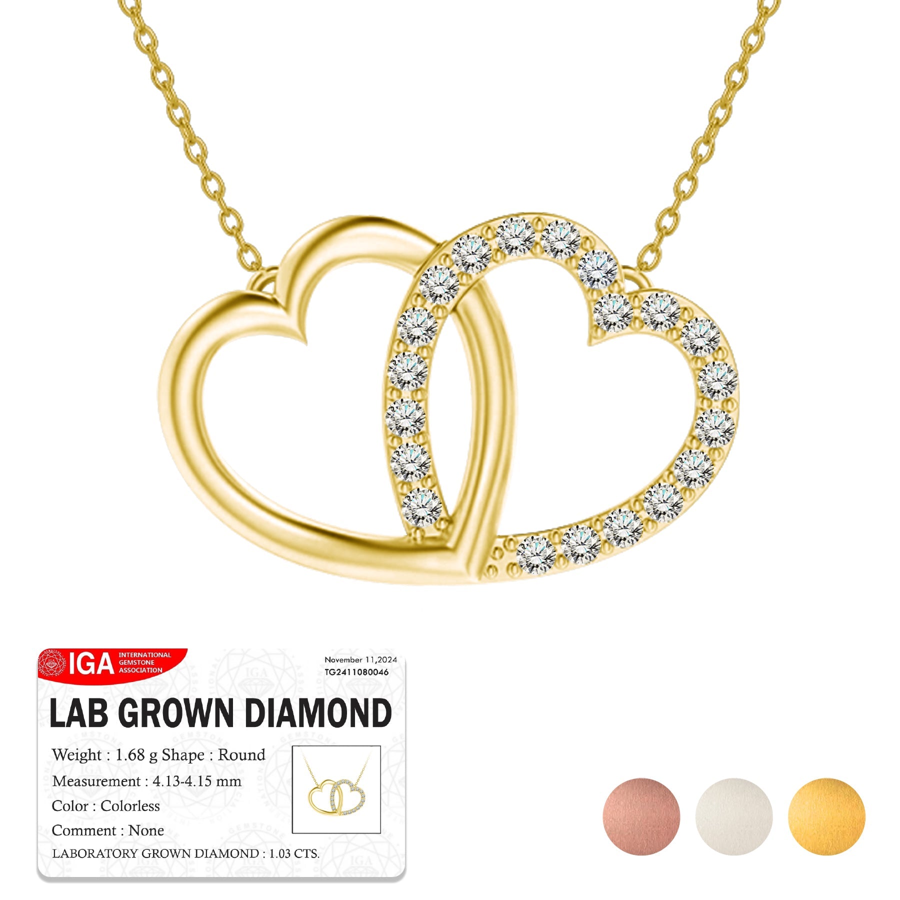 Certified Lab Grown Diamond Interlocking Heart Shape Pendant Necklace in White Gold Plating