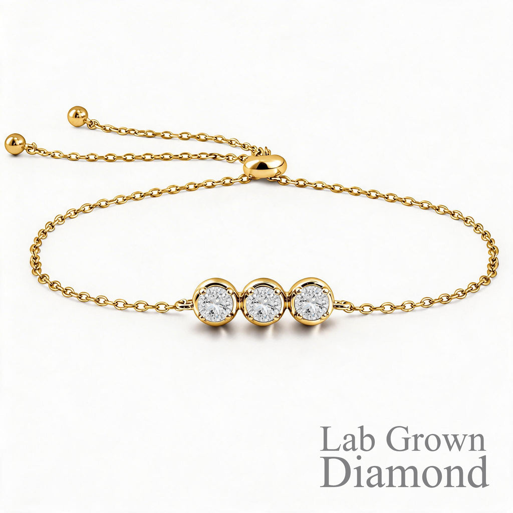 JeenMata Lab Grown Diamond Three Stones Bracelet - Adjustable Slider Yellow Gold Plating Bracelet for Women