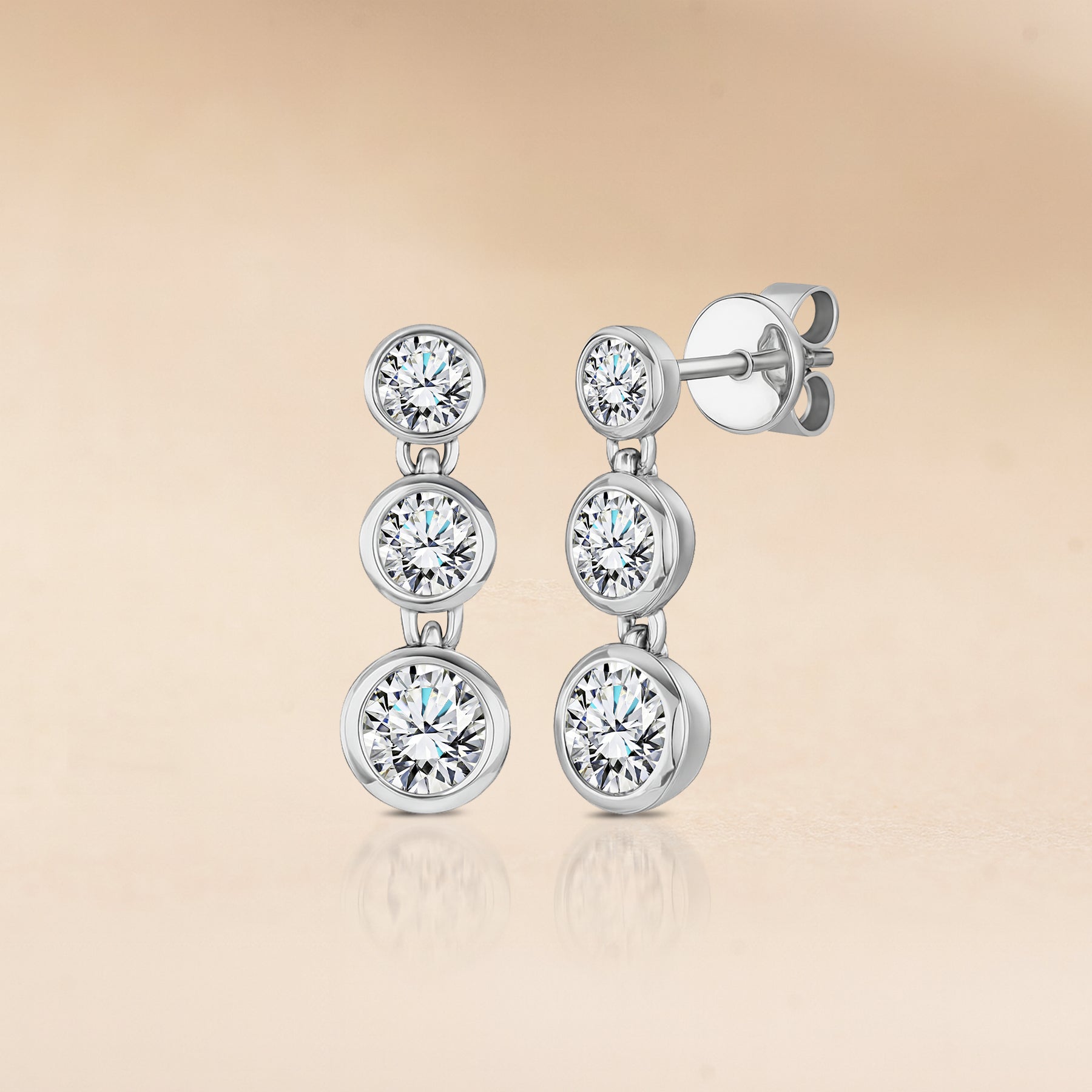 JeenMata 1 Carat Lab Grown Diamond Bezel Drop Earrings - Classic Round Cut Three Stones Dangle Earrings in 18K White Gold Plating for Women